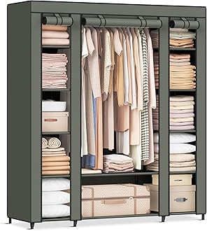 SONGMICS Closet Wardrobe, Portable Closet for Bedroom, Clothes Rail with Non-Woven Fabric Cover, Clothes Storage Organizer, 17.7 x 59.1 x 68.9 Inches, 12 Compartments, Sage Green ULSF003C02