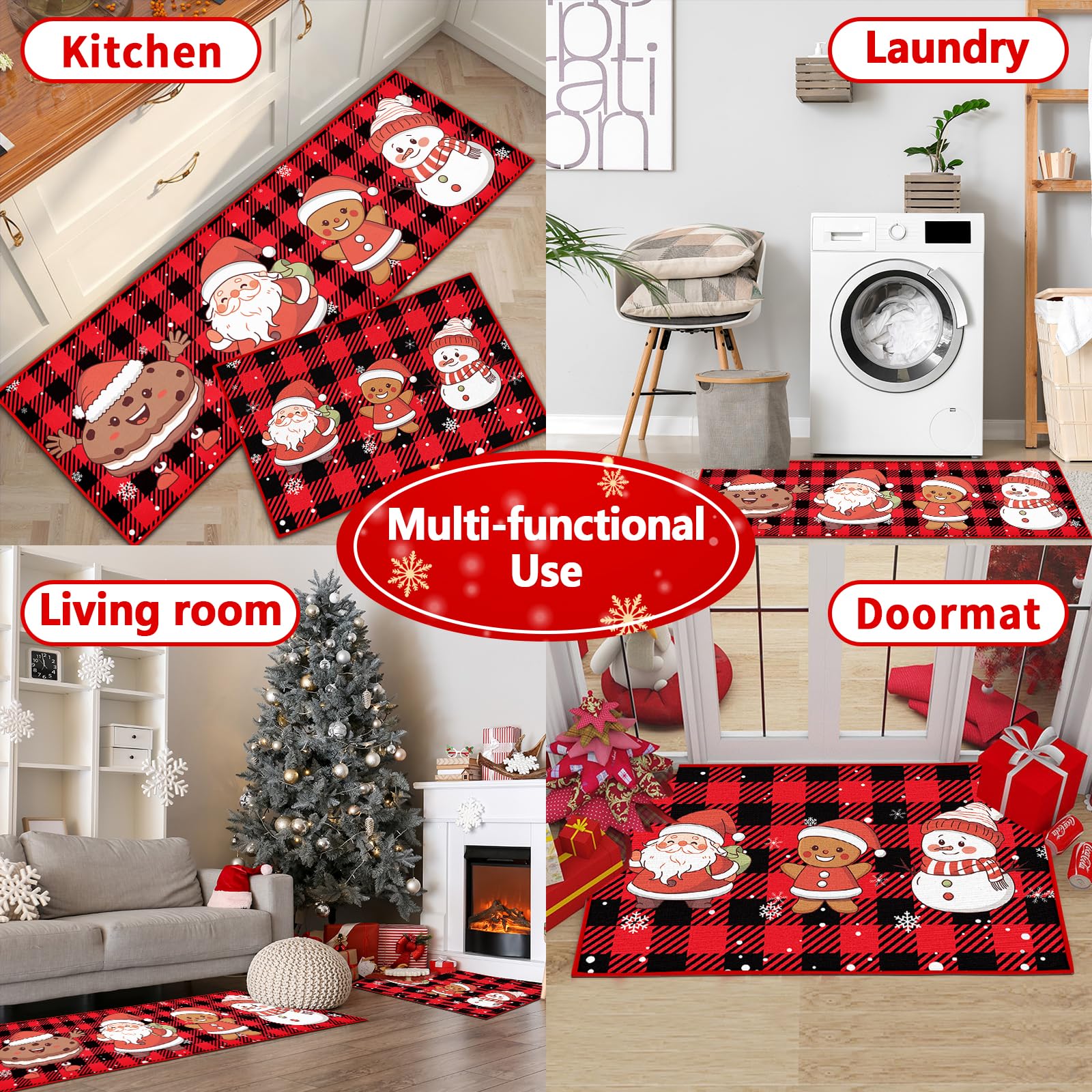 Tappeto da cucina natalizio, antiscivolo, lavabile, per corridoio, soggiorno, bagno, cucina, set decorazione natalizia (Natale H, 43 x 150 cm+43 x 75 cm)