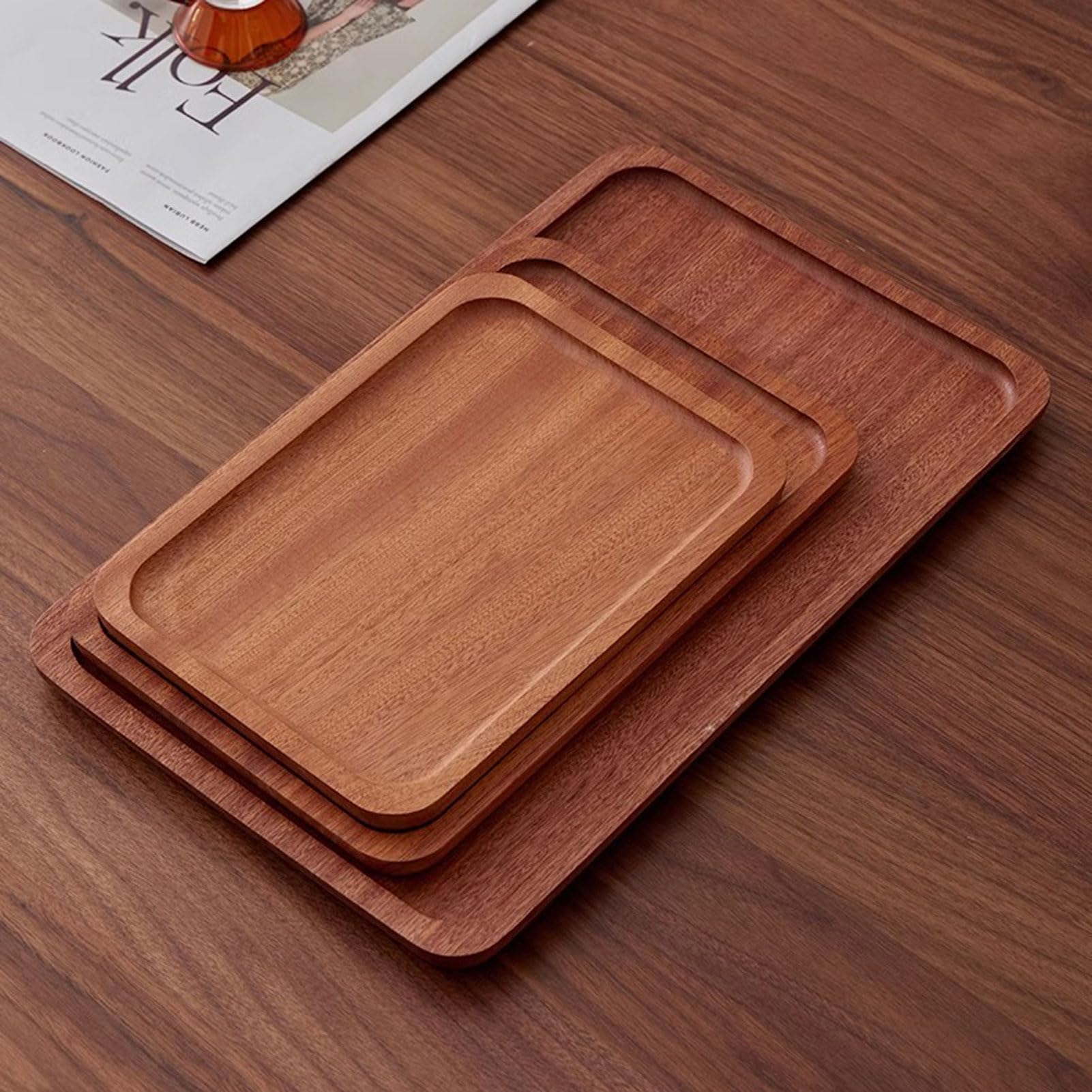 HUHJYUGE Bandeja de Madera, Bandeja de Cocina, Bandejas para Servir Comida, Bandeja Madera Decorativa Rectangular/Redonda, Bandeja para Desayuno, Té, Mesa de Café (Rectangular/40x25x2cm)