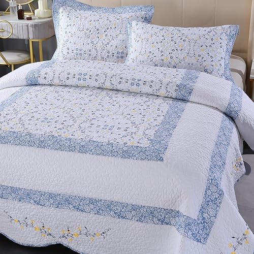 Miniatura 5 de vctops Juego de edredón acolchado con bordado floral 100% algodón, tamaño Queen, 3 piezas, reversible, ligero, borde festoneado, 1 edredón y 2