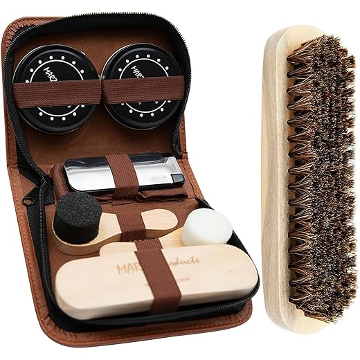 Deluxe Shoe Polish Kit - Portable 7pc Shoe Shine Kit with Genuine Horsehair Brush, Black Shoe Polish, and Clear Shoe Polish - Suede Shoe Cleaning Kit for Sneakers, Leather Shoes, and Boots