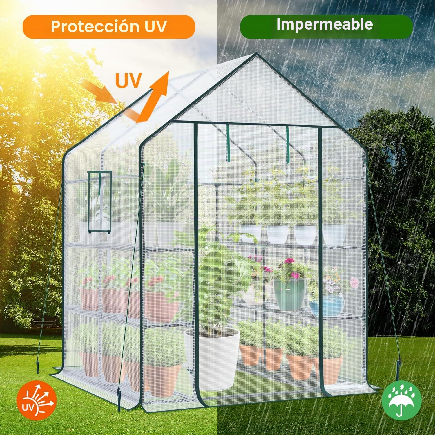 Ohuhu Invernadero de Jardín 145x145x195 cm Vivero Casero 3 Niveles 12 Estantes, Invernadero para Plantas con Puerta Enrollable y Ventanas, Ideal para Cultivo de Flores y Macetas, Blanco