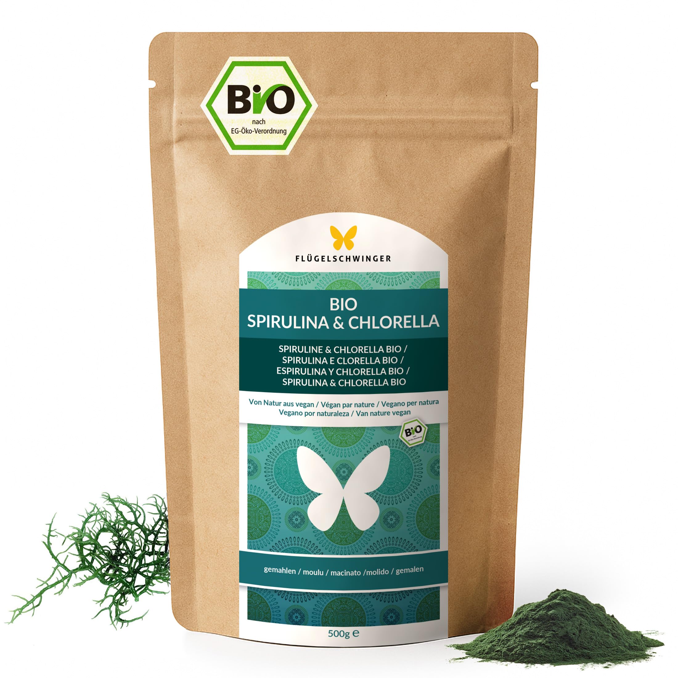 500g de polvo BIO de espirulina y chlorella, 100% natural, controlado de residuos, cultivado y producido según el estándar ecológico de la UE, calidad crudivegana, sin aditivos