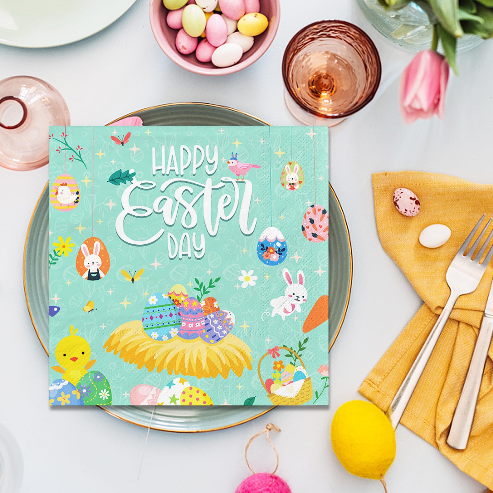 BUSCANDO Tovaglioli Di Carta Decorativi Pasqua – 80 Pezzi 33x33 Cm Con Coniglietti E Uova