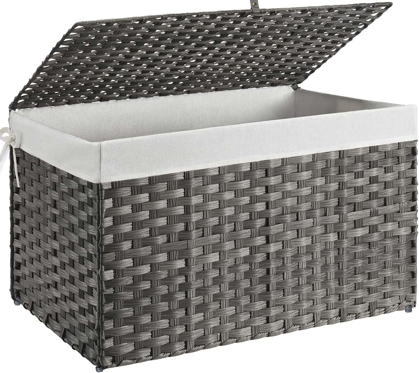 GREENSTELL Storage Basket with Lid, 42.3 Gallon(160L) Lagre Wicker Blanket Storage Basket with Handles, Foldable, 2 Removable Liner Bags, Metal Frame, for Bedroom, Laundry Room, Grey,30"*18.1"*18.1"