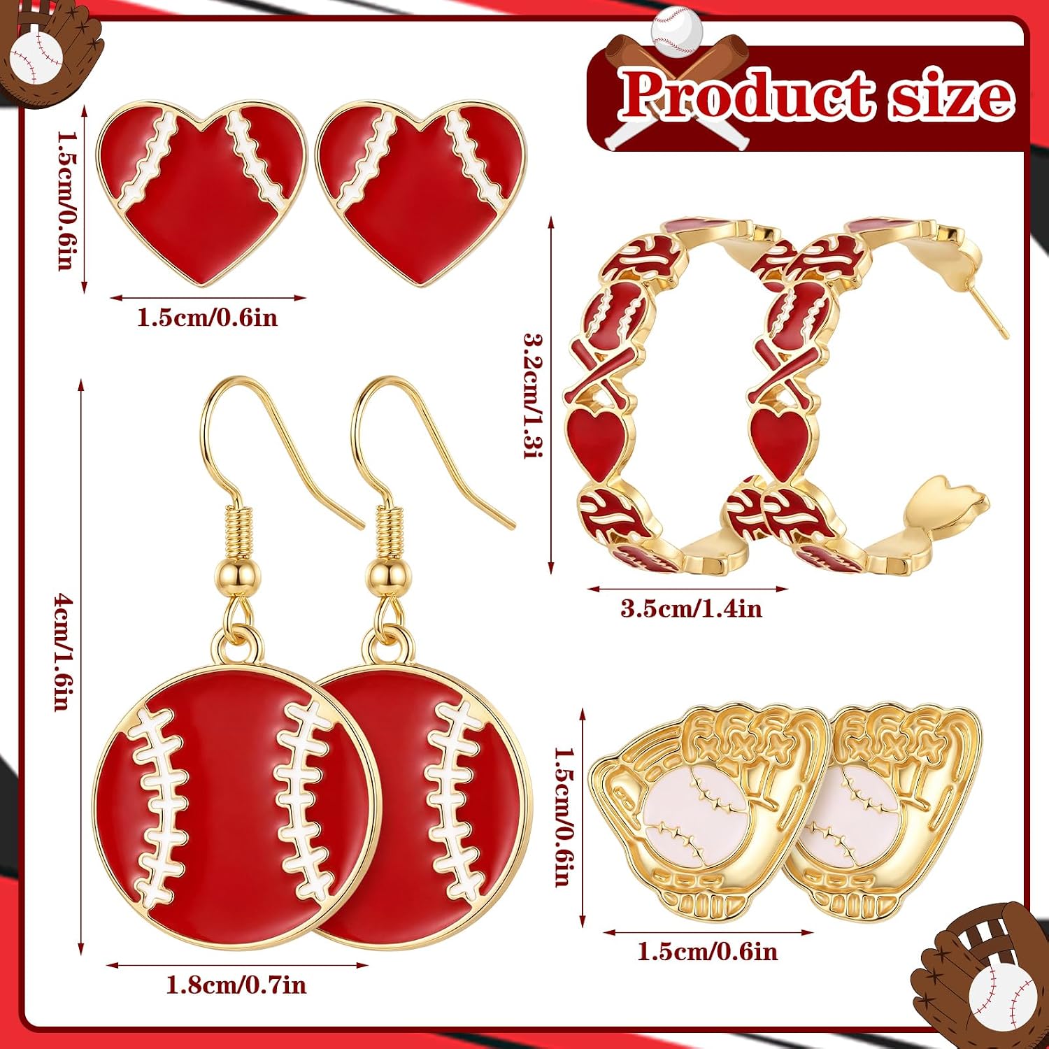 Quelay 4 Pairs Baseball Earrings for Women Baseball Charm Jewelry Accessories Sports Team Gifts for Party Favor