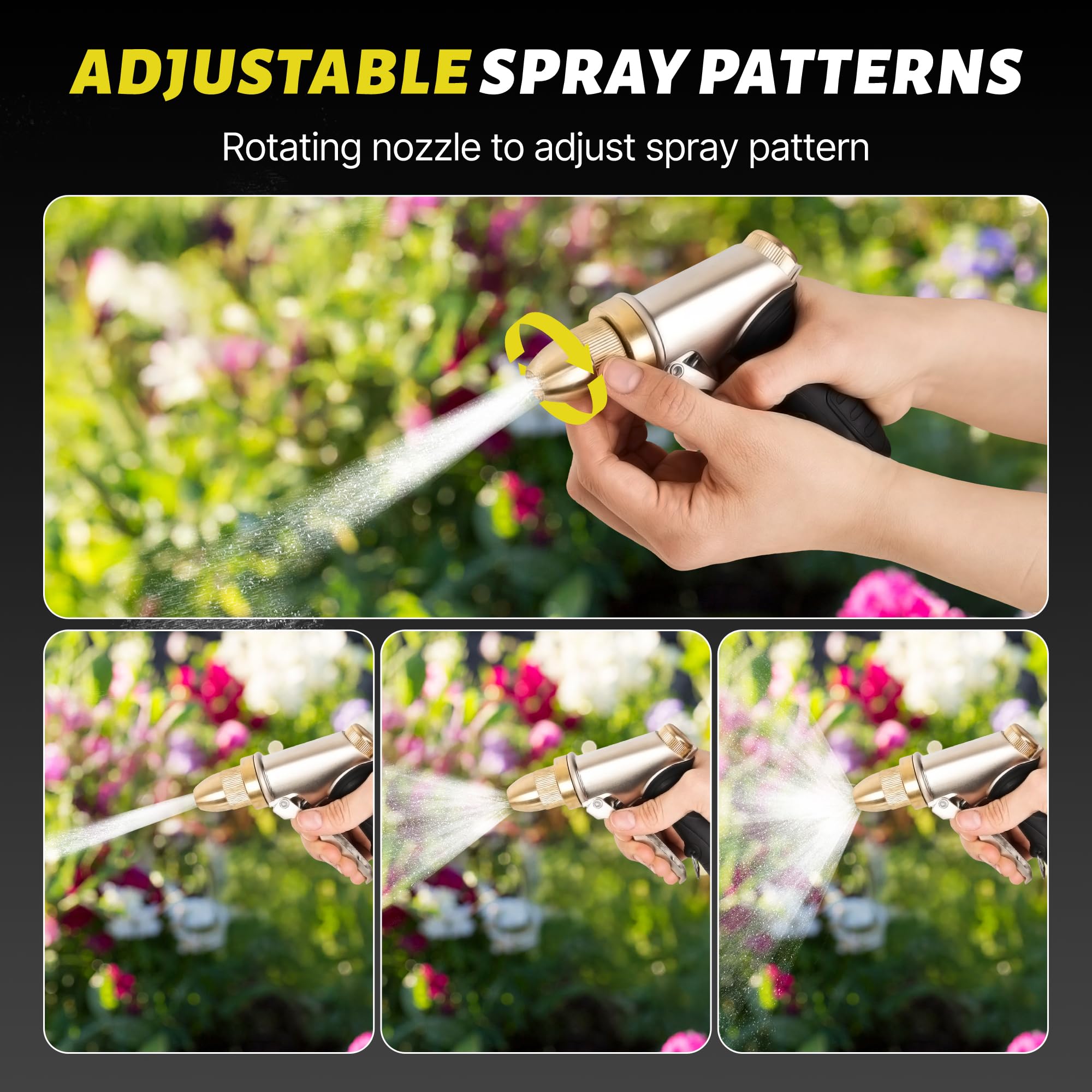 Boquilla de manguera de jardín, boquilla de pulverización de metal de alta presión mejorada, boquilla de agua resistente con patrones de pulverización ajustables para jardinería, ducha de