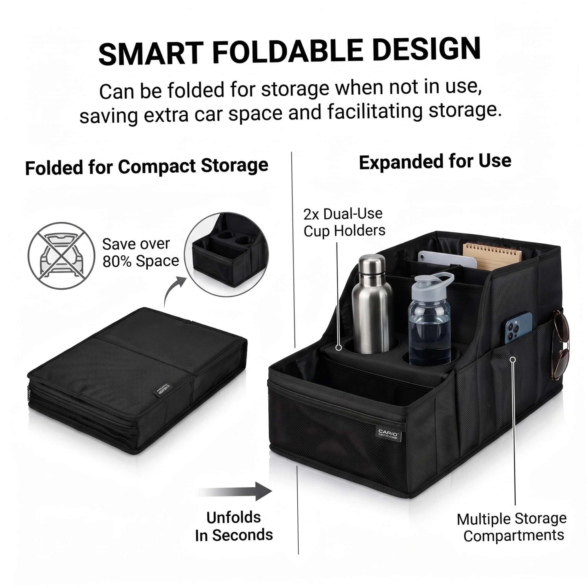 Organizer per auto, pieghevole, piccolo, nero | Contenitore multi-tasca, facile da piegare, ideale per viaggi in famiglia, piccoli veicoli
