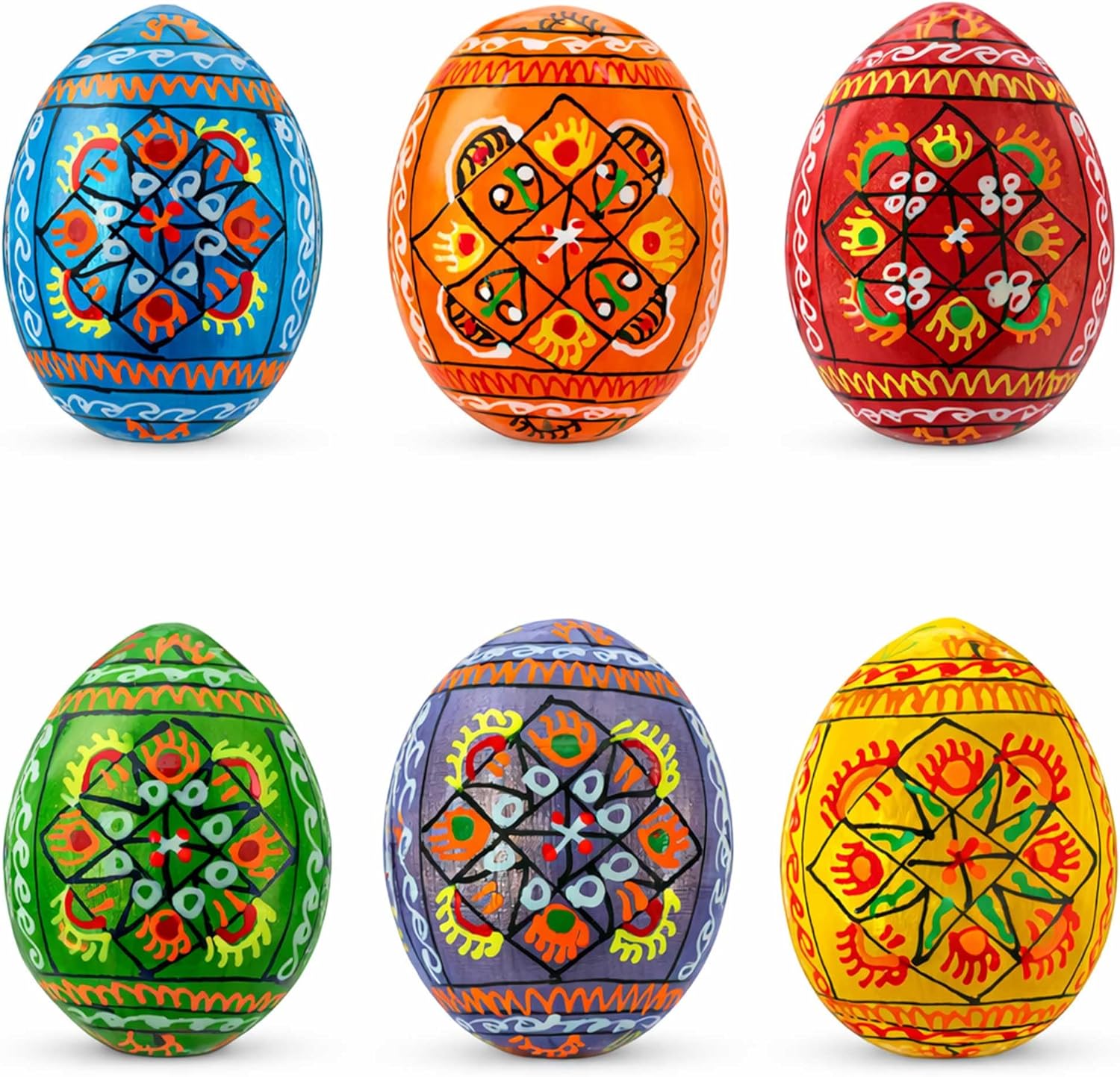 BestPysanky Set of 6 Pearlized Ukrainian Pysanky Wooden Easter Eggs 2.5 Inches