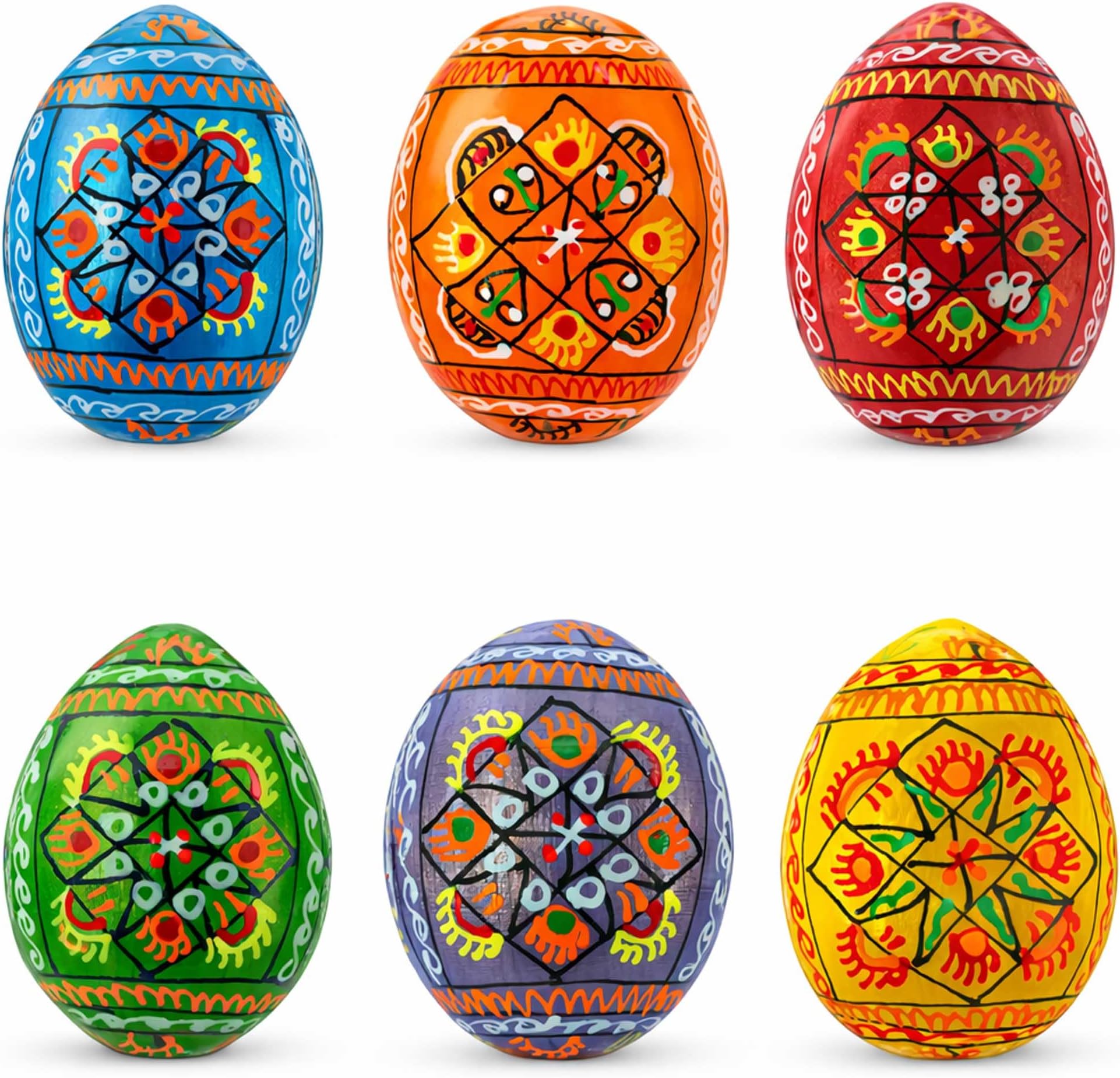 BestPysanky Set of 6 Pearlized Ukrainian Pysanky Wooden Easter Eggs 2.5 Inches