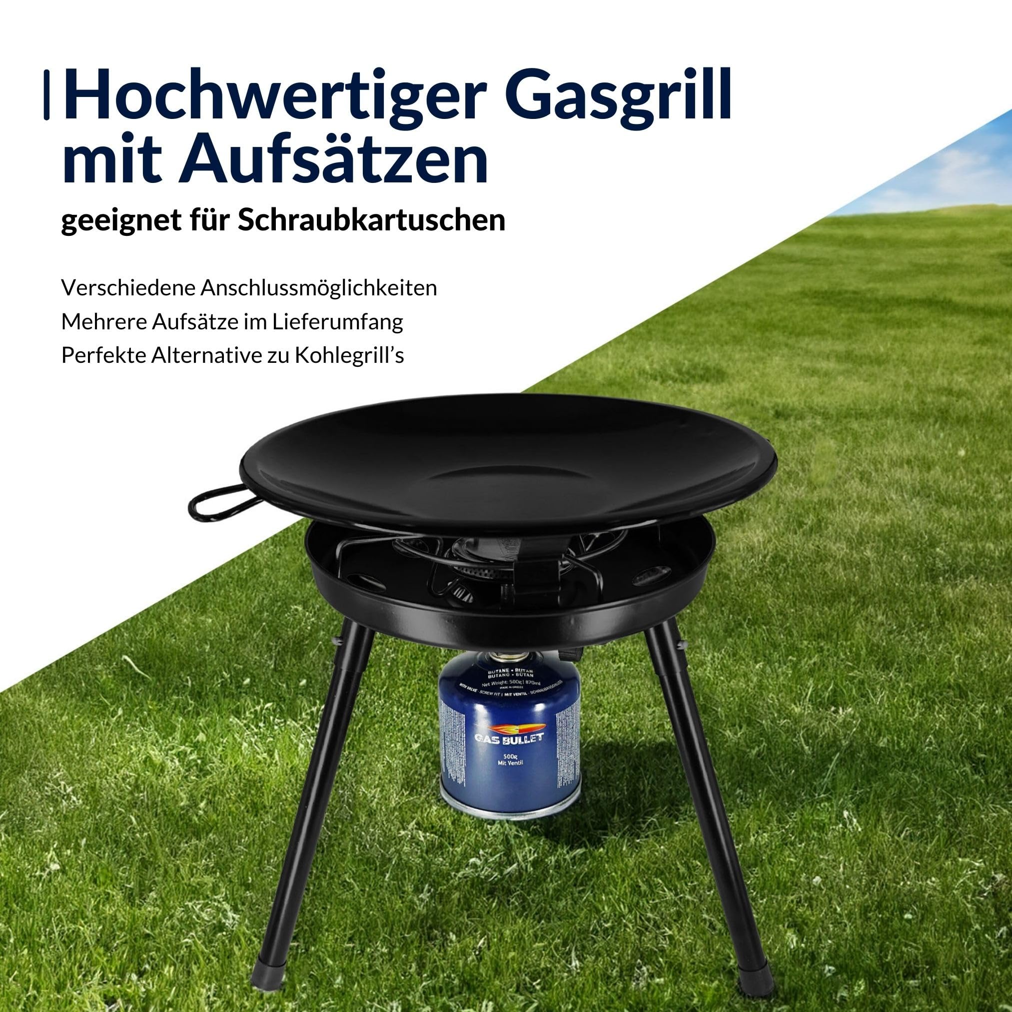 Gasgrill mit Pfanne & Wok + 4 Kartuschen (300g) | für Schraubgaskartuschen | Auseinanderschraubbar | Campinggrill, Party-Grill für Camping, Festivals & Outdoor (Gaskocher + 4 Kartuschen)
