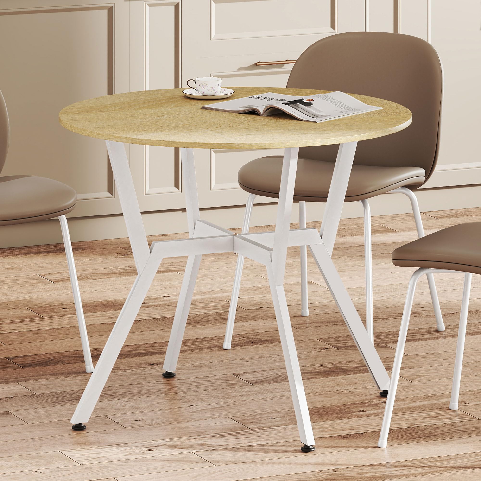 HOMCOM Mesa de Comedor Redonda para 2-4 Personas, Mesa de Cocina Industrial, Patas Curvadas de Acero, para Salón, 90x90x76 cm, Natural y Blanco