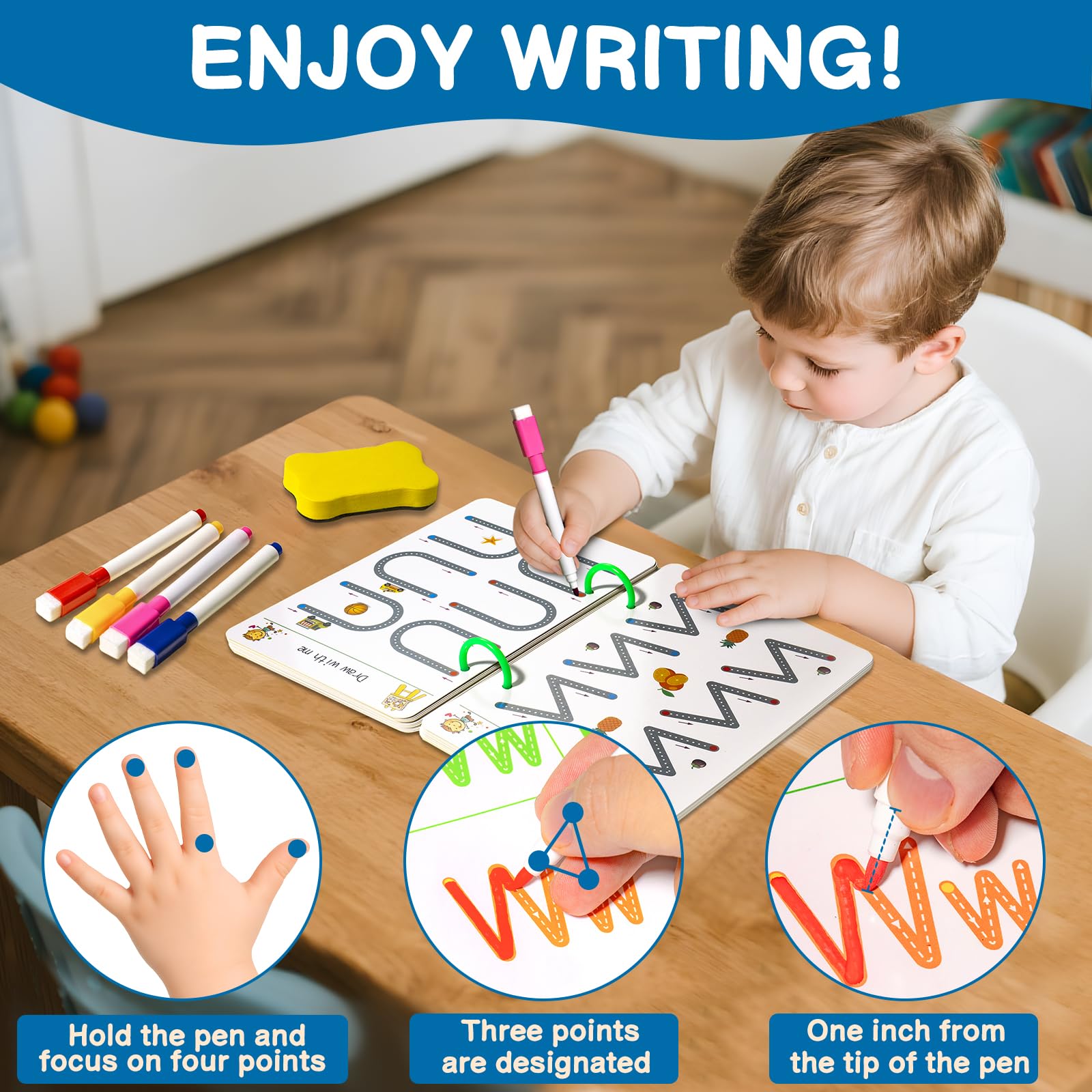 Handwriting Tracing Book - Pen Control Practice Training Books Kit, 296 Reusable Pages with Dry Erase, Alphabet | Count | Draw with Dots, Preschool Learning Activities 4-Stage Workbooks — Amazon image 6