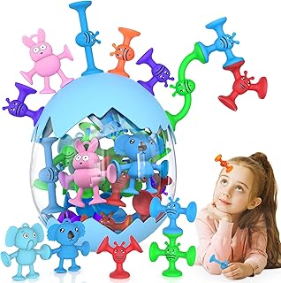Suction Cup Toys for Kids, Suction Bath Toys for Toddlers Stacking Toys Shower Toys for Kids Ages 3+ Boys Girls, Montessori Bathtub Toys Sensory Toys Travel Toys with Dinosaur Eggshell Storage,19 PCS