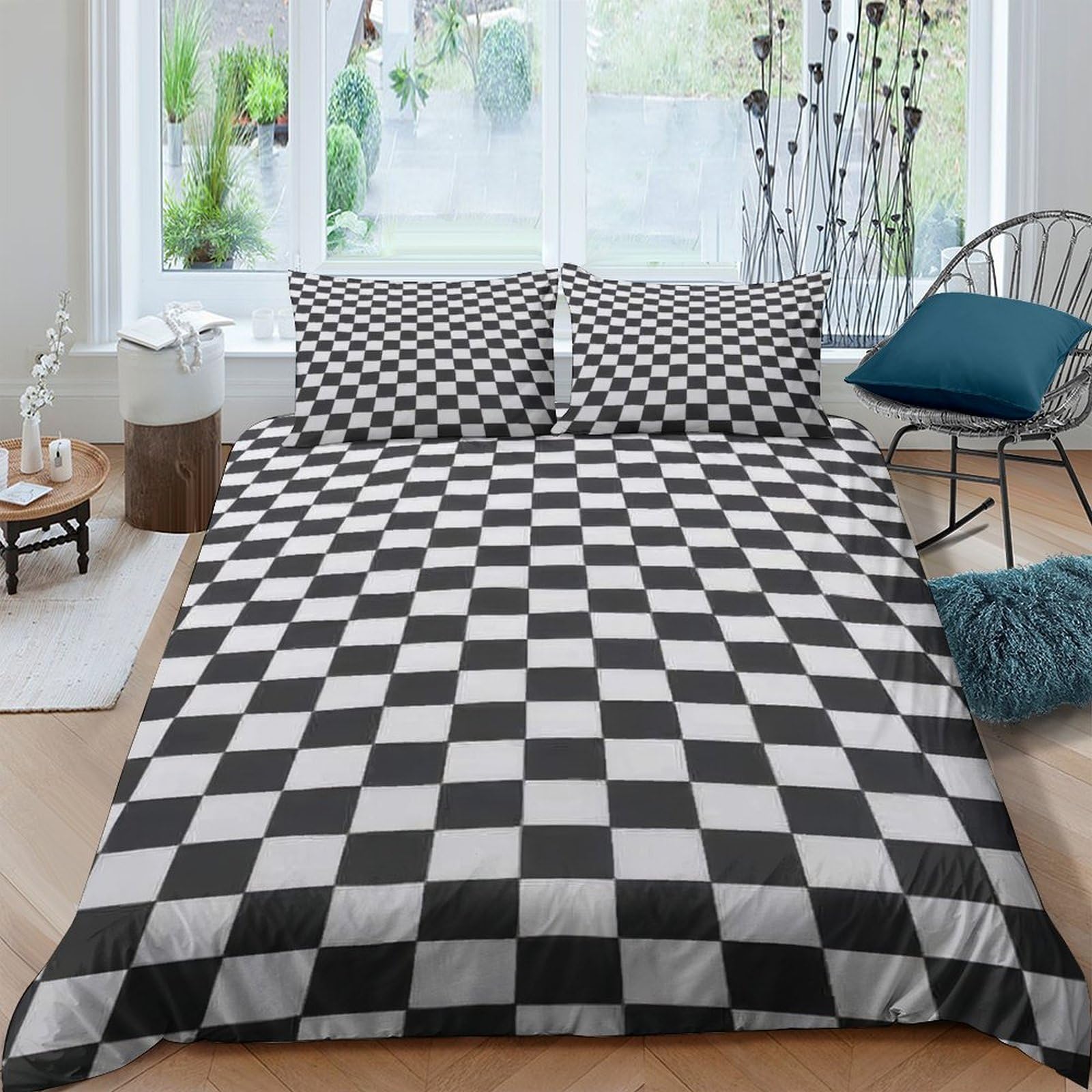 TUFRTGYHN 3D Printed Black White Checkered Duvet Cover Microfiber Soft Breathable Chessboard Bedding Set with 2 Pillowcases for Bedroom Decor Rental Home Single（135x200cm）