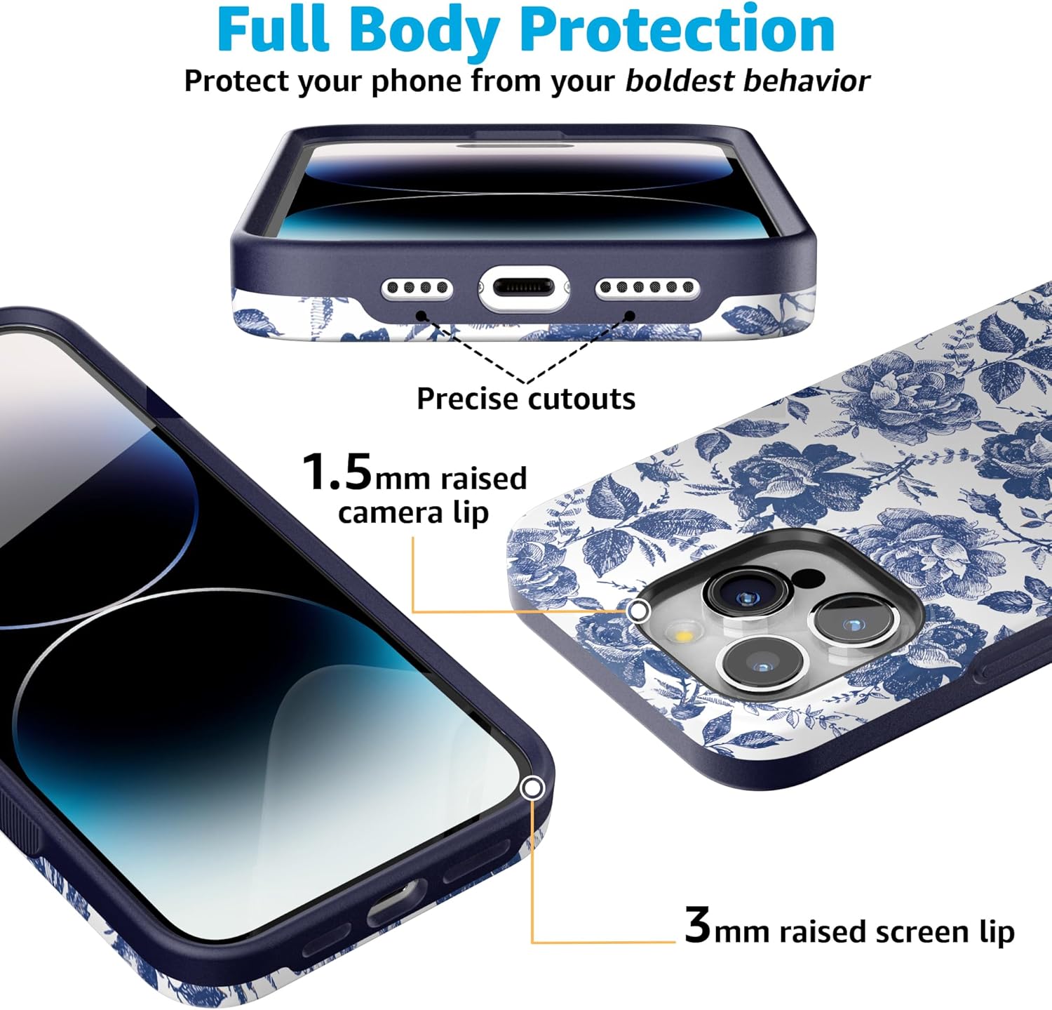 Casely iPhone 15 Pro Max Case | Rose to Fame | Blue & White Floral | Bold Protective Design | Compatible with MagSafe - Image 3