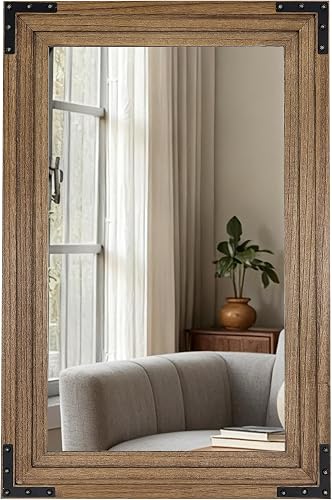 30"x20" Solid Wood Frame Wall Mirror, Vanity Wall Mirror, Oak Color
