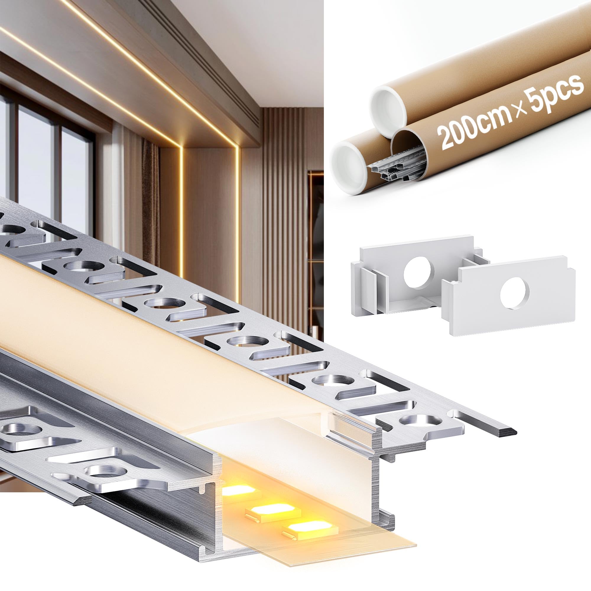 Profile Alu pour Ruban Led 2 M - Profilé Aluminium LED - Canal Aluminium pour Ruban LED, Profilé Alu avec Couvercle Blanc Laiteux, Embouts et Clips de Montage (SA01, 5 * 2M(Totale 10M))