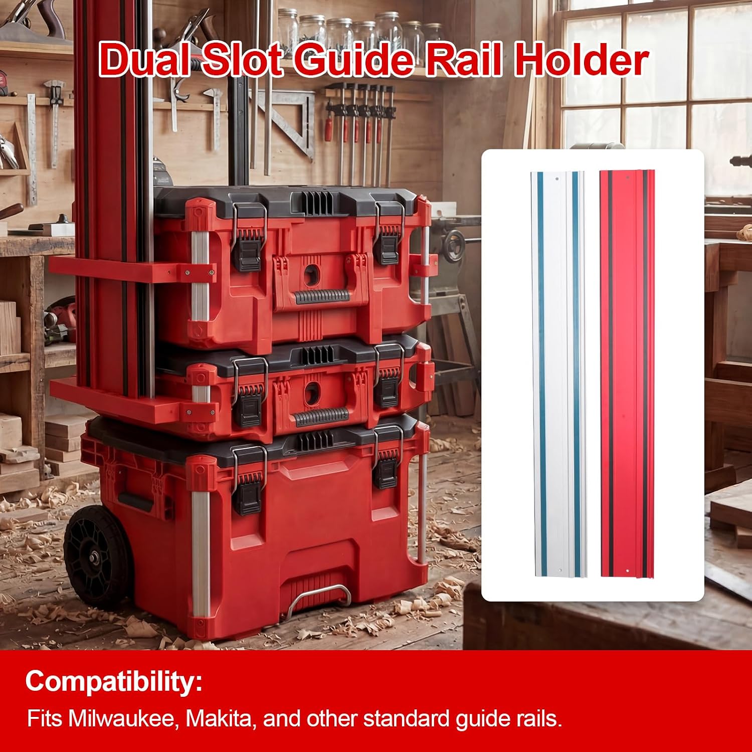 Milwaukee Packout Rail Holder Compatible with Milwaukee & Makita Guide Rails, Track Saw Rail Bracket, Dual Slot Organizer for Toolbox, Workshop Garage Storage