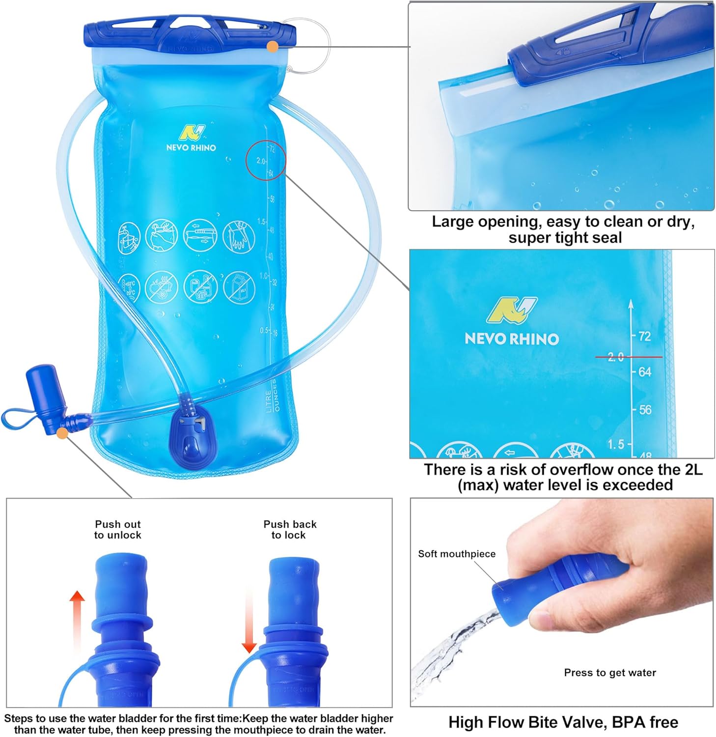 N NEVO RHINO Hydration Bladder1.5L- 2L-3L Leak Proof Water Reservoir, BPA -Free Water Pouch, Water Bladder for Hydration Pack,Hiking Backpack - Image 6