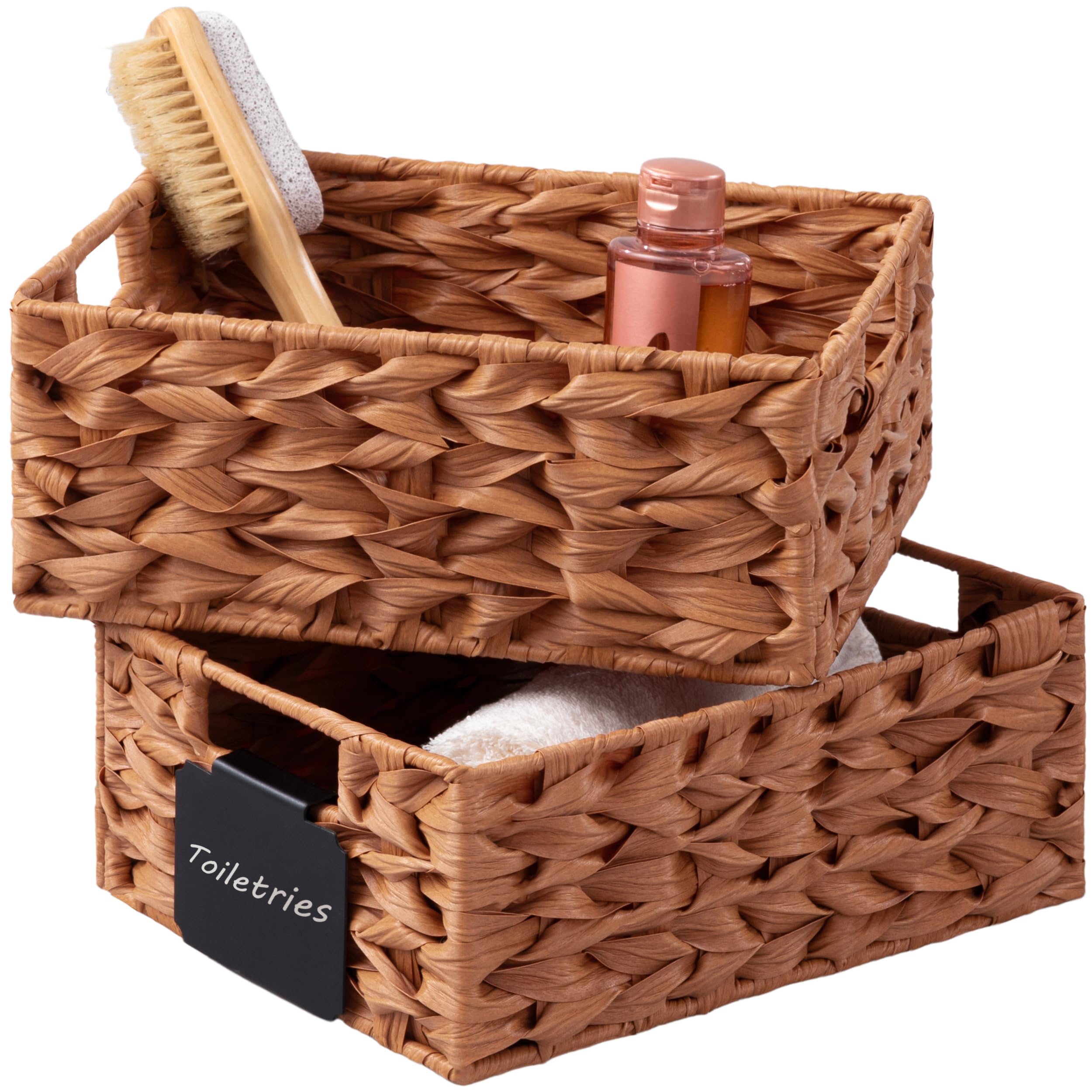 UBBCARE Storage Baskets with Label, Wicker Pantry Baskets for Shelves, Waterproof Woven Basket for Organizing, 2-Pack Plastic Rectangle Organizers