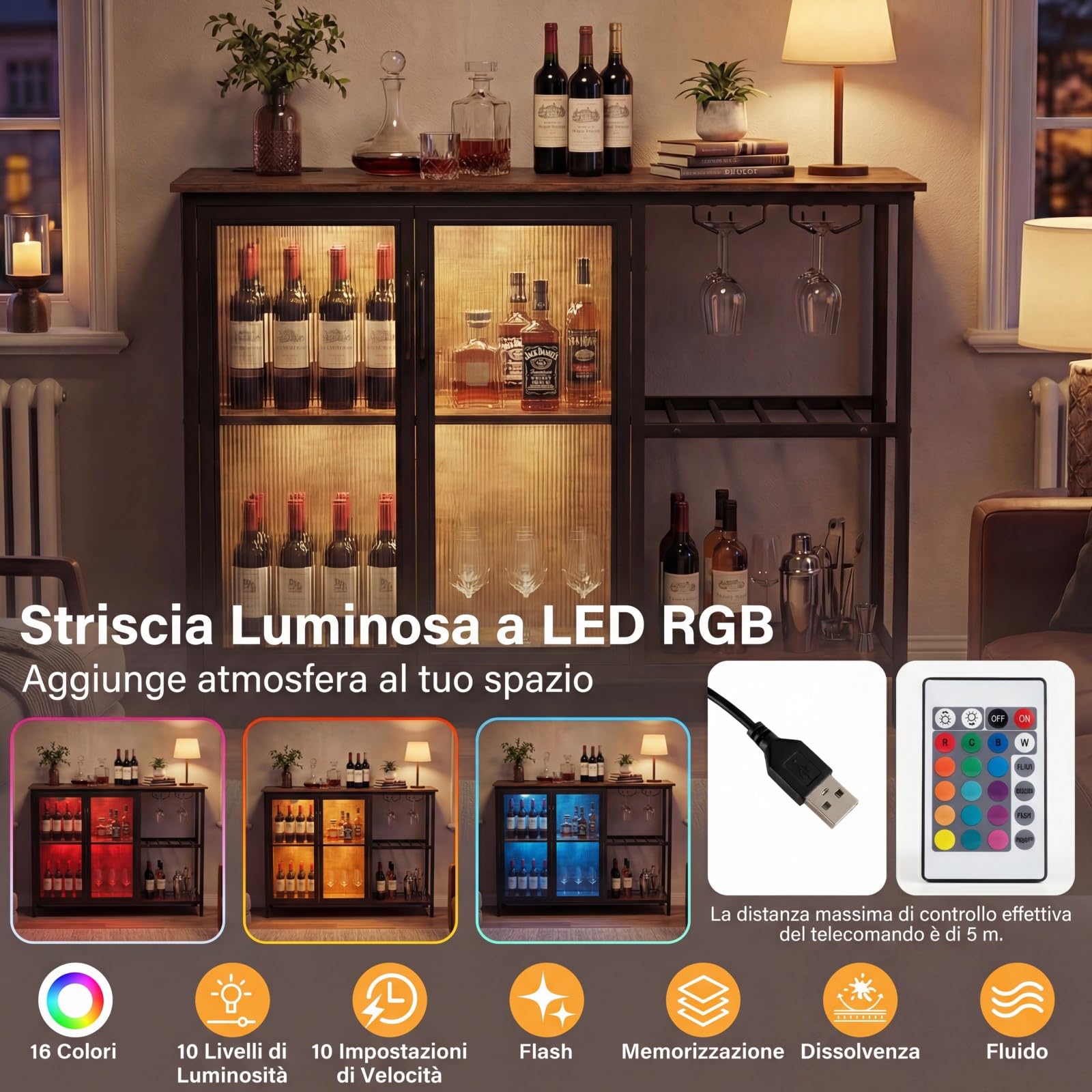 COSTWAY Mobiletto Bar per Vino con Prese di Corrente e Luci LED, Mobile Bar da Terra per Caffè con Portabottiglie e Portabicchieri, Credenza Buffet per Liquori per Cucina, Sala da Pranzo e Soggiorno