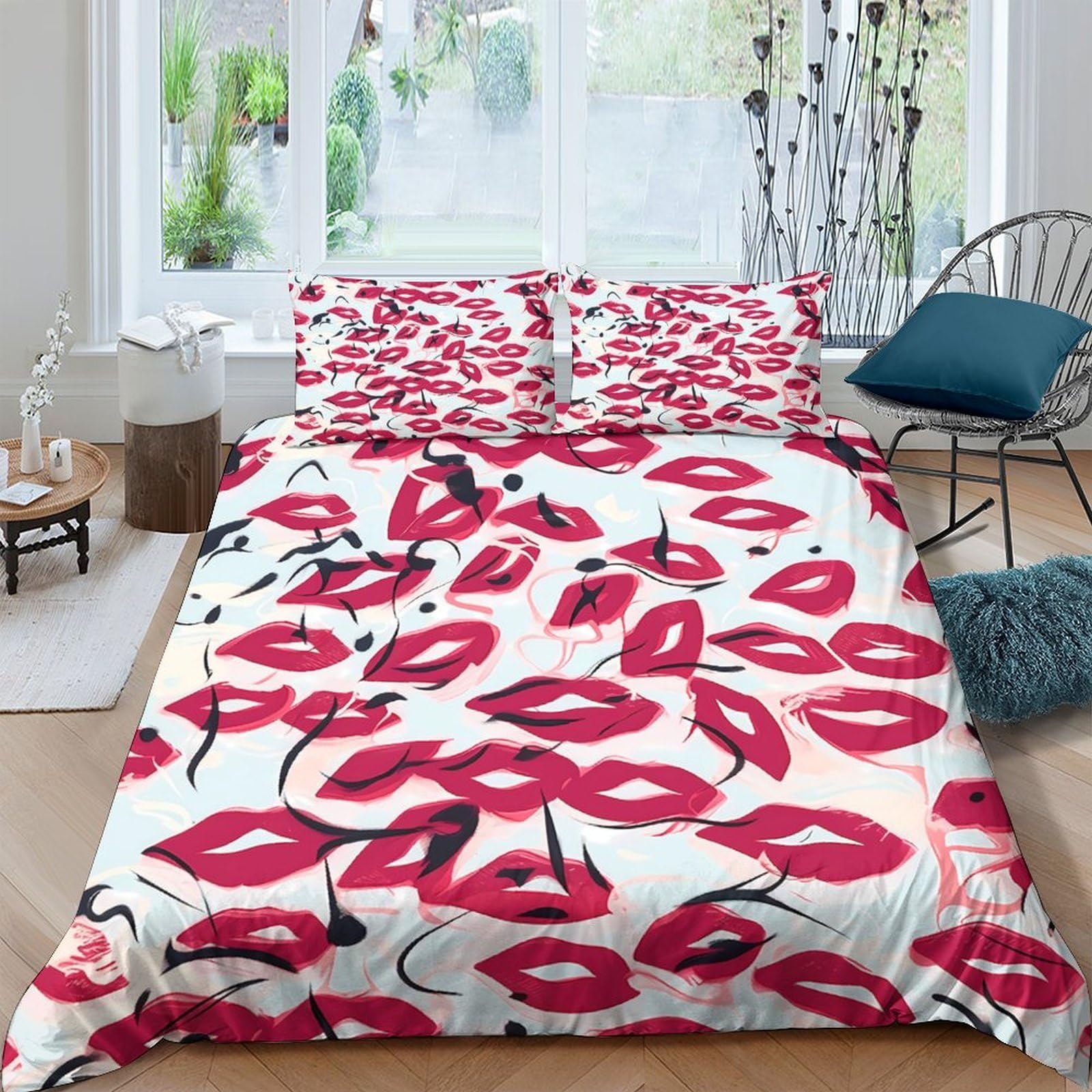 Ctjqhvkz Style-5 3D Printed Red Lips Fitted Sheet Microfiber Soft Bed Cover Kiss Pattern Bedroom Decor Mattress Cover Single（135X200cm）