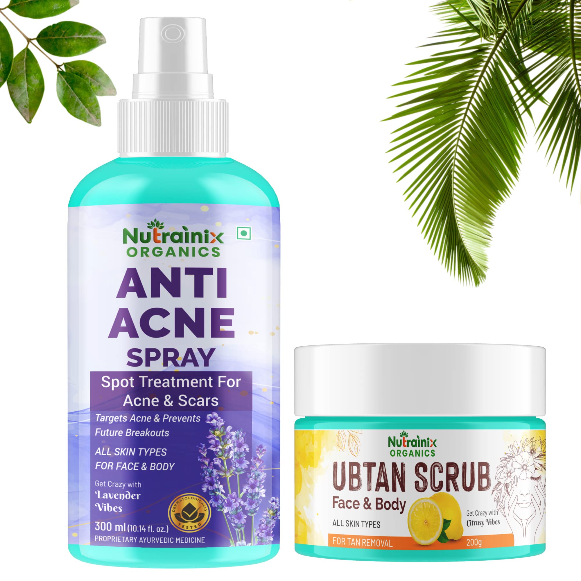 Nutrainix Organics Anti Acne Spray and Ubtan Scrub Combo Pack - 300 ml (Anti-acne spray) + 200 gm (Ubtan scrub)