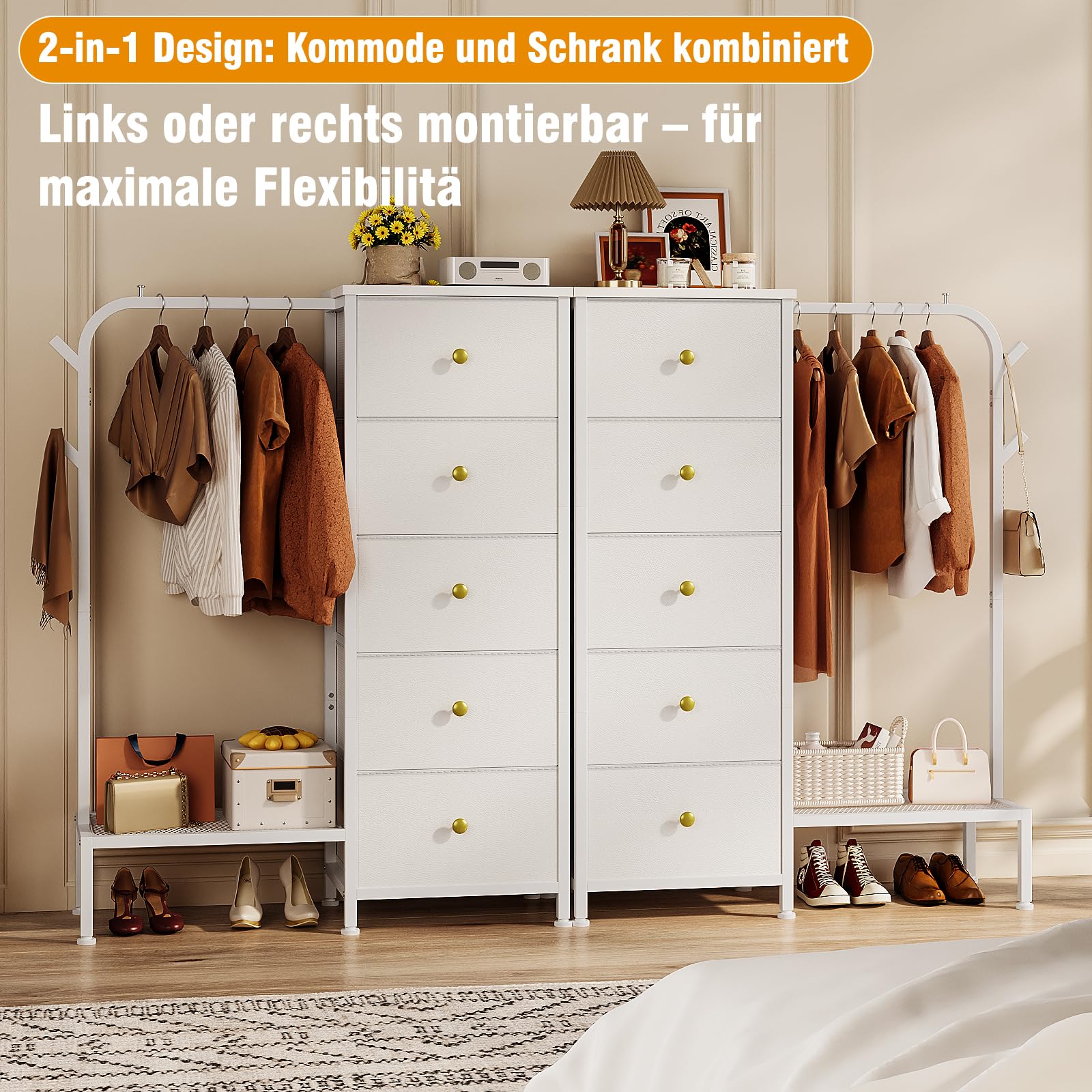 Trironsun Schmaler Stoffkommode mit 5 Schubladen und Kleiderstange Kinderkleiderschrank mit Hängeregal umkehrbar montierbar platzsparender Kleiderschrank für Schlafzimmer oder Kinderzimmer (Weiß)