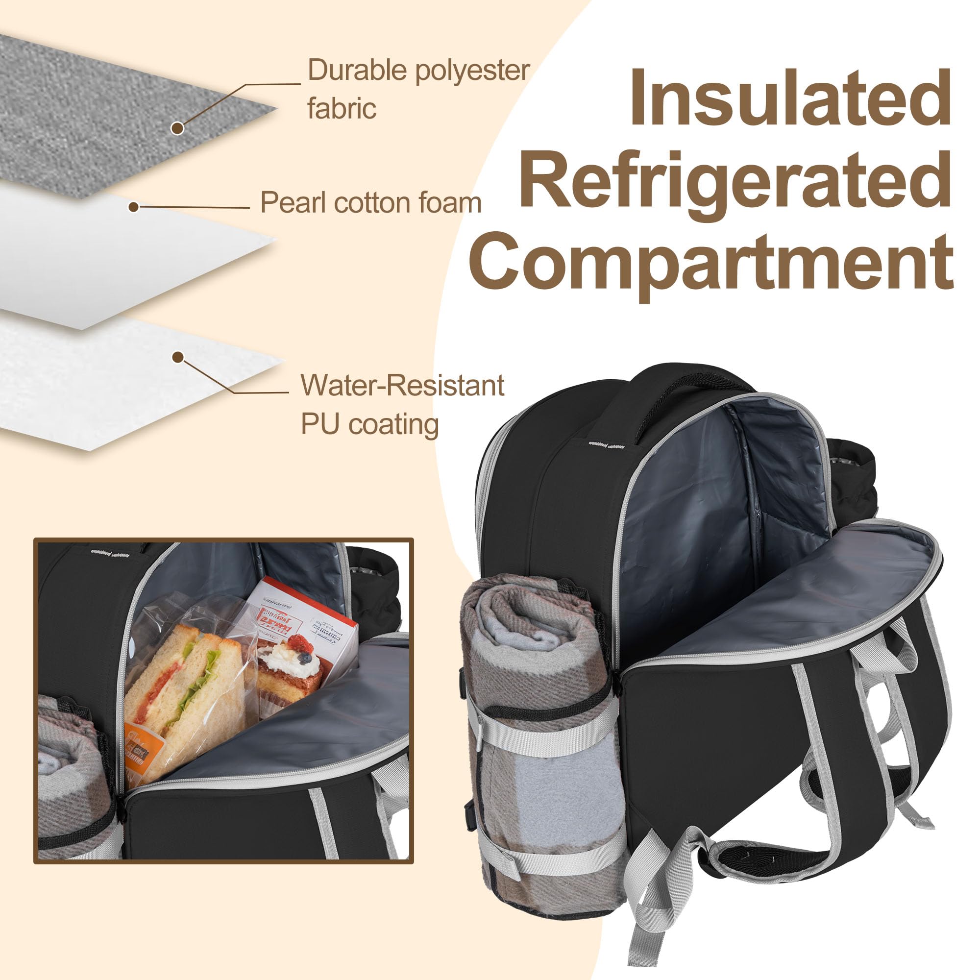 Picknick-Rucksack für 4 Personen, mit Kühlfach, isoliert und wasserdicht, Picknicktasche mit Set und Decke, für Strand, Camping, Wandern (schwarz)