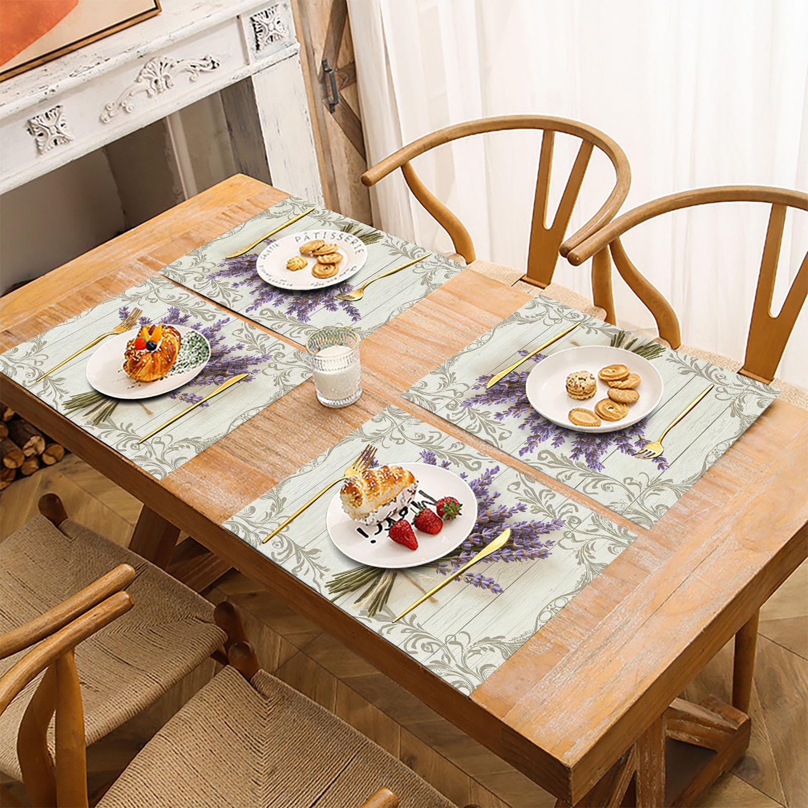Set di 8 Colazione Stoffa 30x45cm, Bouquet Di Lavanda Cotone e lino Tovagliette Americane Lavabili, Tovagliette Retro Venature Del Legno per Primavera Vacanze Cucina Feste, Pasqua