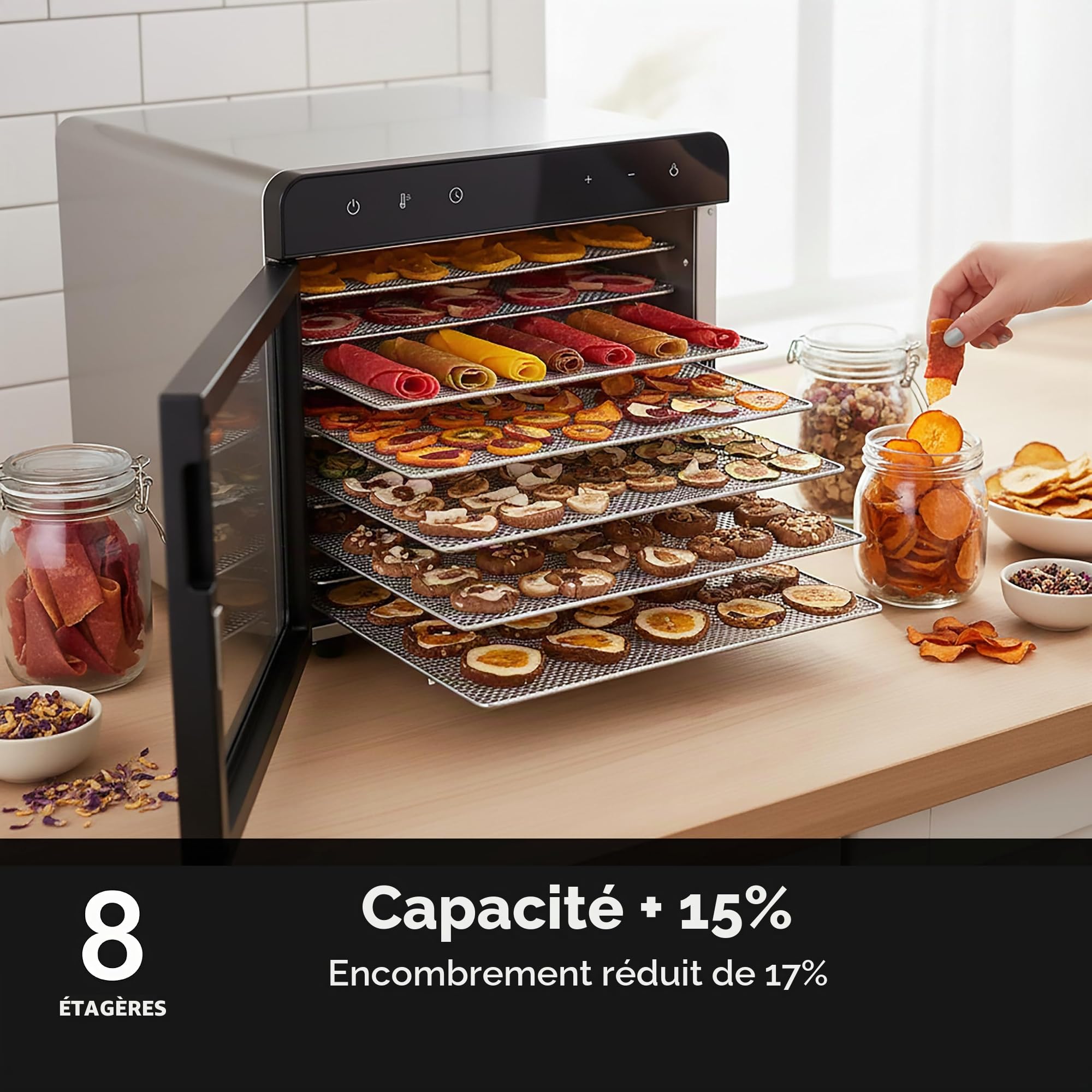 CLASSE ITALY Déshydrateur alimentaire à faible consommation, 8 plateaux en acier SUS 304, 700 W, GARANTIE 5 ANS, température réglable de 35 à 85 °C, minuterie 24 heures, sans BPA