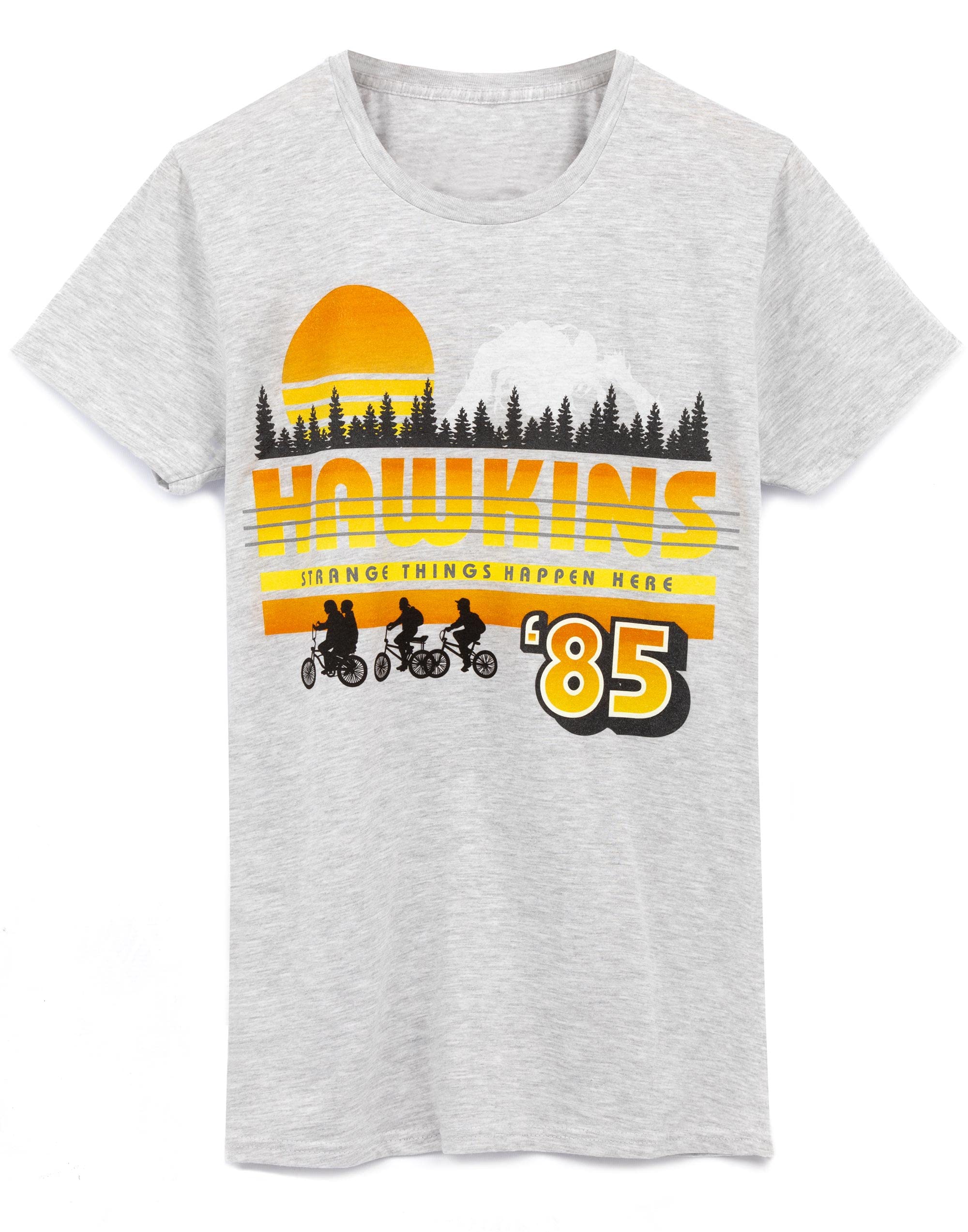 T-Shirt for Adults | Mens Women Hawkins Town ‘85 Strange Things Happen Here Grey Outfit | Season 4 Merchandise