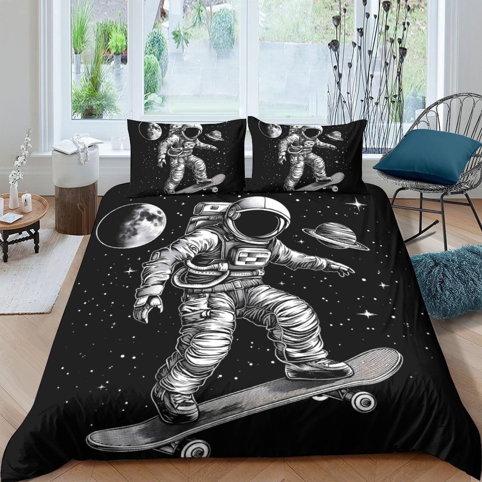 TUFRTGYHN 3D Printed Astronaut Skateboard Duvet Cover Microfiber Black Space Universe Bedding Set with 2 Pillowcases for Bedroom Home Decor Single（135x200cm）