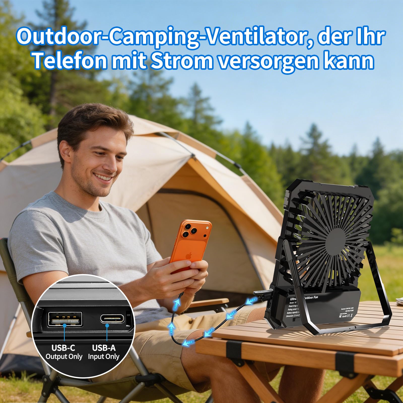 yAyusi 20000mAh Akku Ventilator Camping mit Lampe,Tragbarer Reise Ventilator mit Fernbedienung Timer Ultra-Leise Ultraflach 5 Stufen 17-82 Std Laufzeit, USB Tischventilator für Outdoor/Zelt/Haus