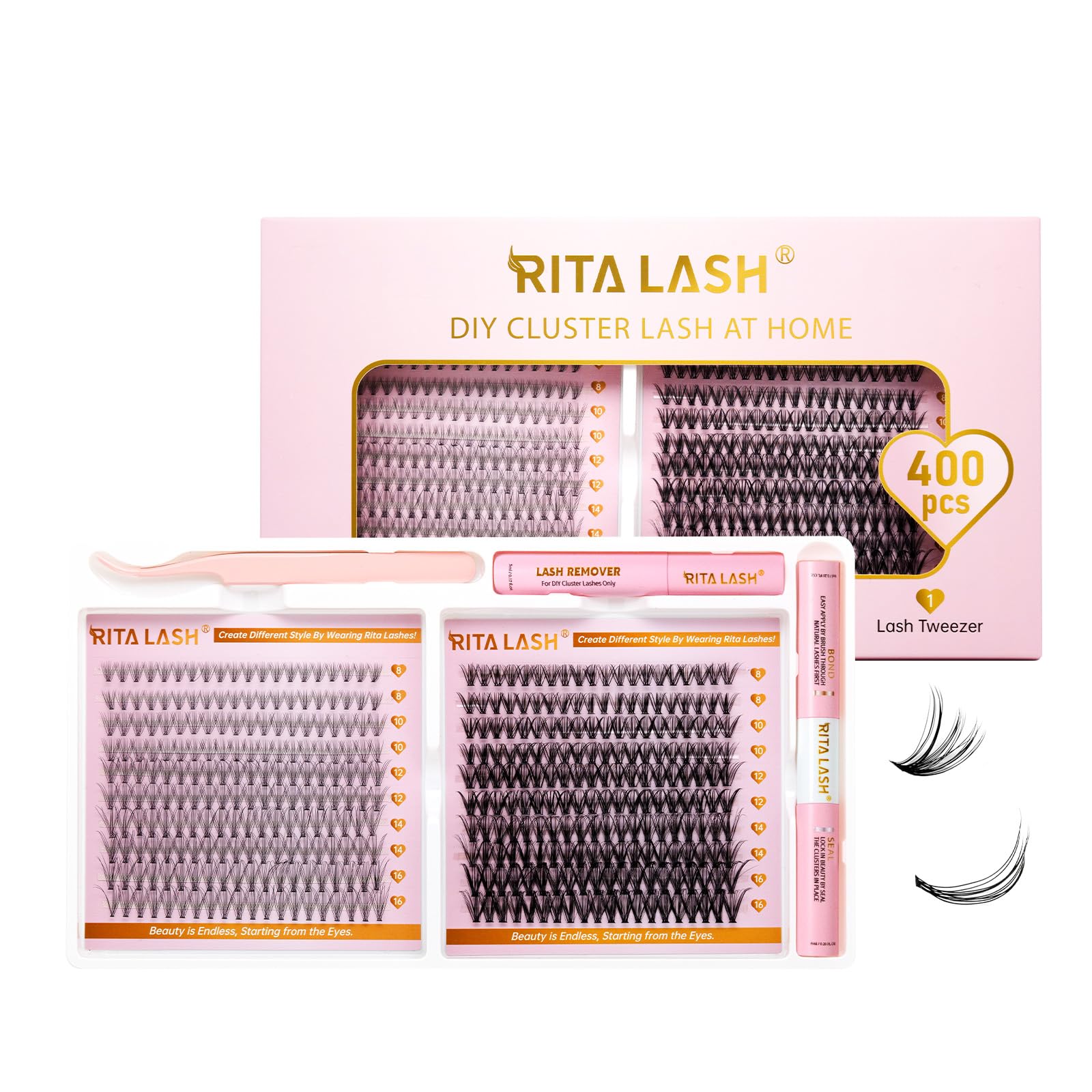 RITALASH Lash Extension Kit 400Pcs,DIY Individual Lashes Clusters Kit,Lash Bond And Seal,Lash Remover For Eyelashes Extensions (10D+30D Cluster Kit)
