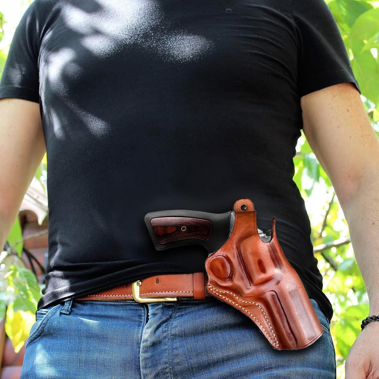 Masc OWB Leather Paddle Holster with Thumb Break, Fits King Cobra Target 357 Mag 6-Shot 4.25" Barrel, R/H Draw Brown Color #1632#