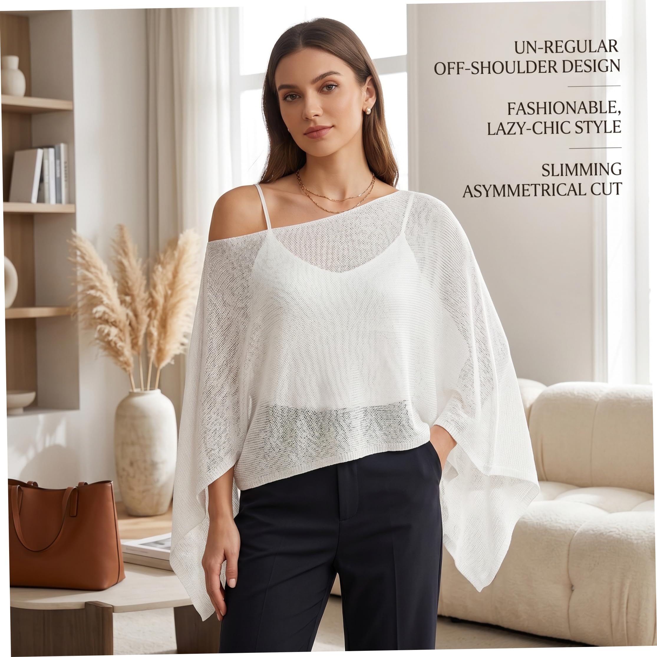 Transparenter Poncho für Damen durchsichtiger Strickponcho für Damen asymmetrisches Cape-Top mit Einer Schulter lässiger Stil Weiß