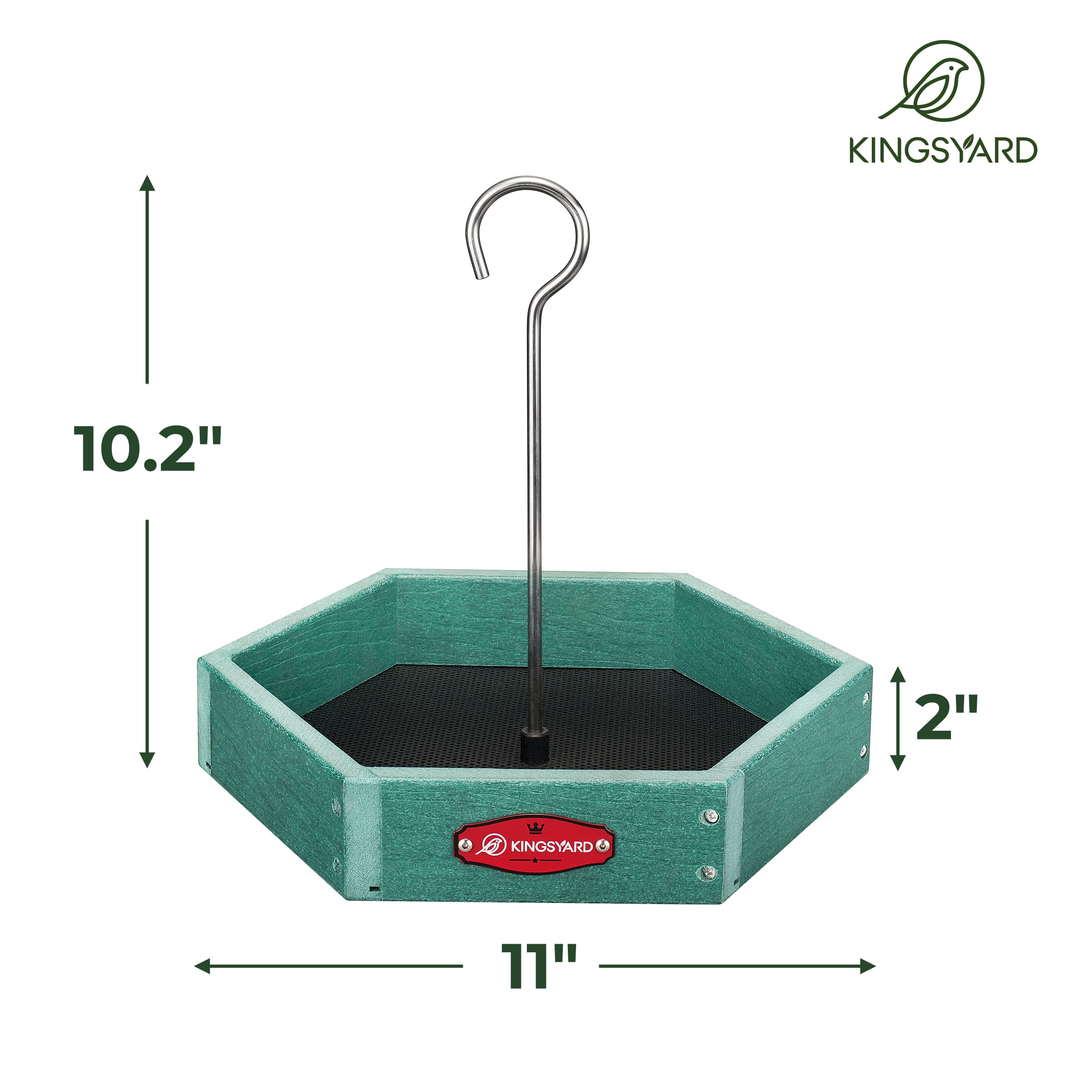 Kingsyard Comedero colgante para pájaros para exteriores, estación de alimentación de plástico reciclada resistente para pájaros silvestres con bandeja de malla de metal y poste colgante de acero