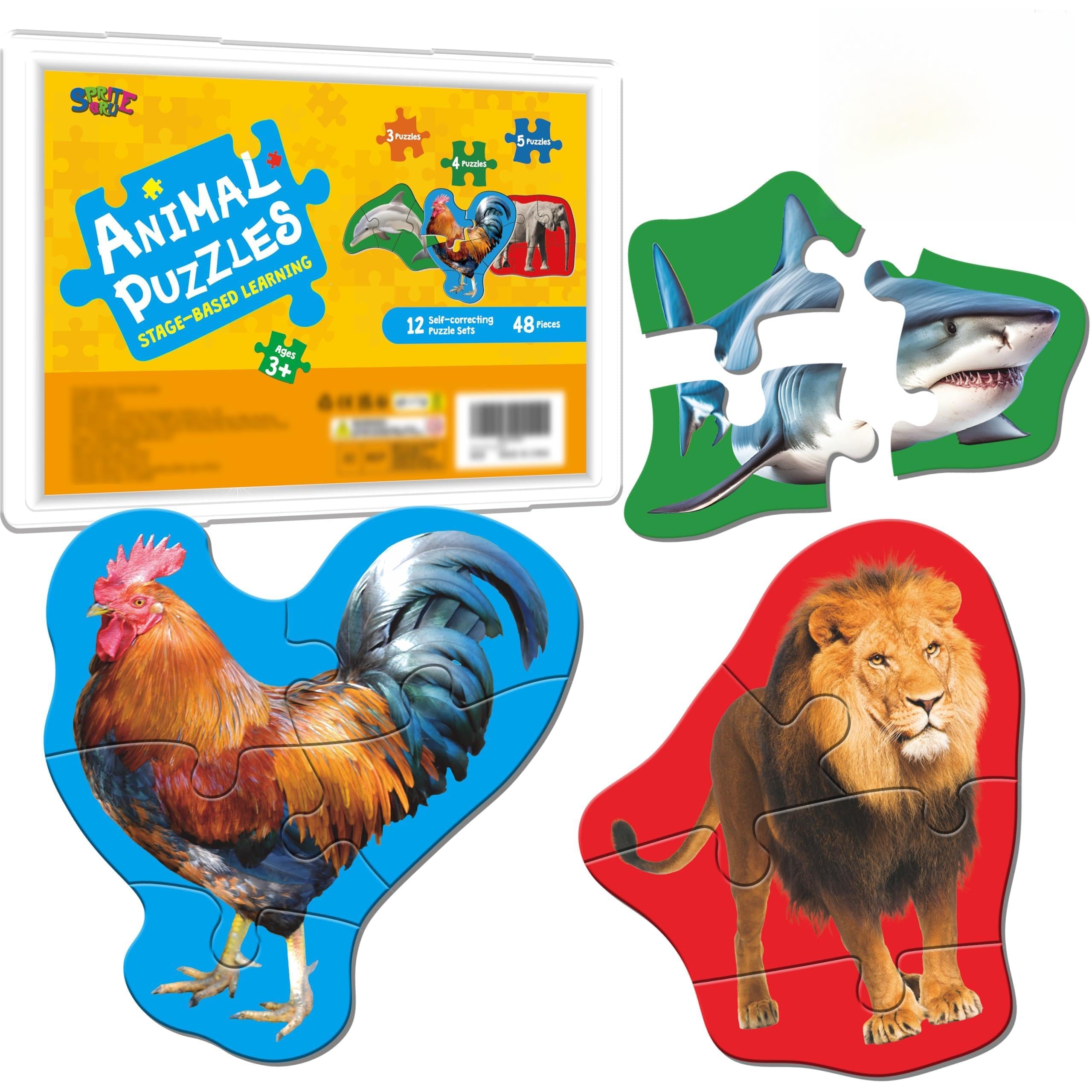 12 Pack Animal Puzzles, 48 Pieces Step-by-Step Farm/Marine/Safari Animal Jigsaws, Realistic Animal Jigsaw Puzzles with Name Guide Early Learning for Beginner Preschool Toddlers 3+ Years Old