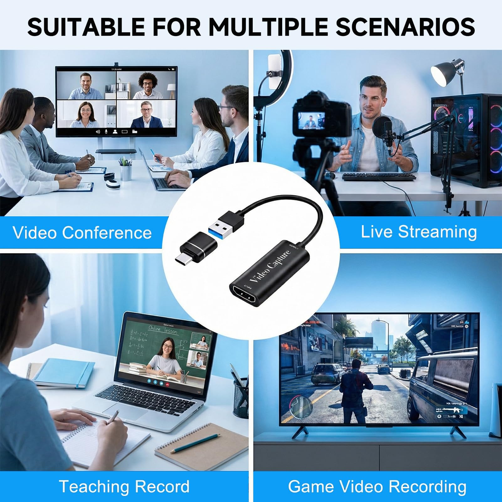 Capturadora de Video HDMI a USB, Tarjeta de Captura 4K 1080P, Capture Card para Juegos/Transmisión/Enseñanza en Línea, Compatible con PC Switch PS5 Xbox OBS Youtube MacBook iPad Cámara Laptop