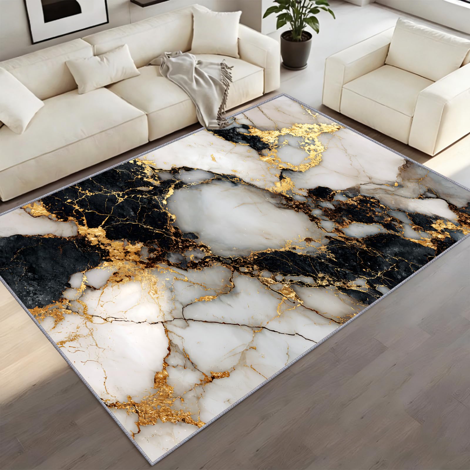 CAQDUEP Luxury Marble Rug 120x170cm Black And White Gold Marble Area Rug, Modern Abstract Rugs For Living Room, Cracked Texture Rugs Non-Slip Carpet For Bedroom Hardwood Floors