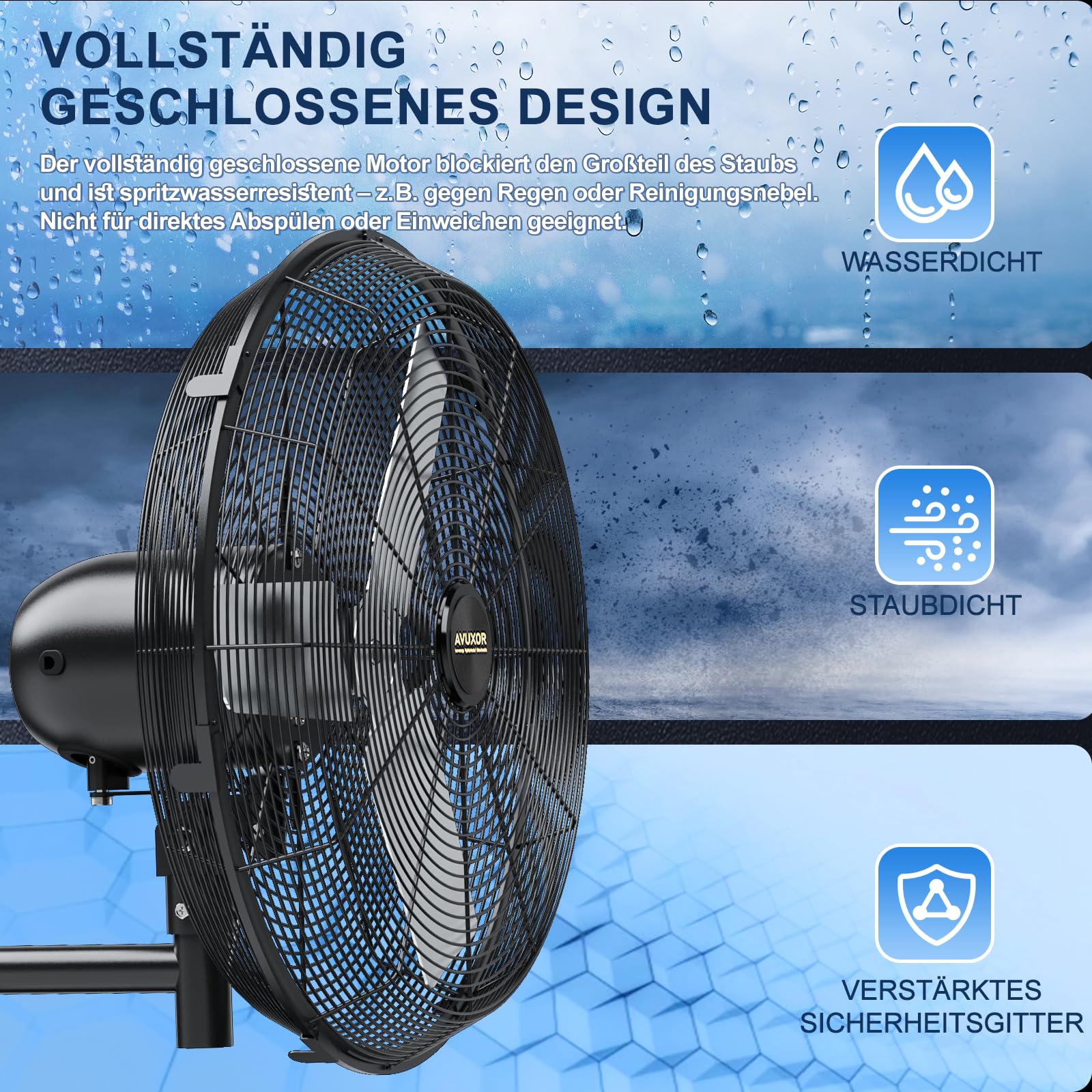 Industrieller Wandventilator Outdoor 60 cm mit Fernbedienung, BLDC Motor (bürstenlos), 90° Oszillation & 30° Neigung, 4 Stufen, wasserdichter Ventilator für Lager, Werkstatt Energiesparend