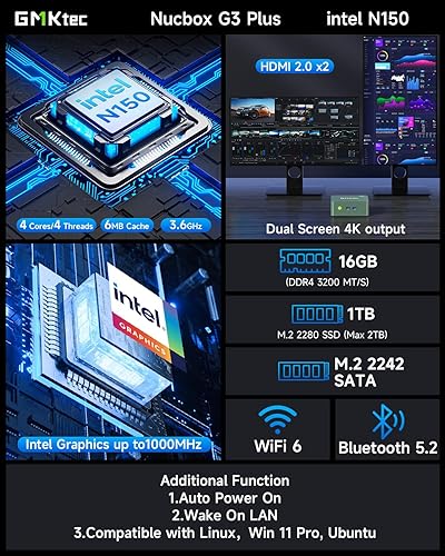 Miniatura 3 de GMKtec Mini PC N150, G3 Plus Intel Twin Lake N150 (3.4 GHz), 16 GB DDR4 RAM 1 TB PCIe M.2 SSD, computadora de escritorio 4K Dual HDMI/USB3.2/WiFi