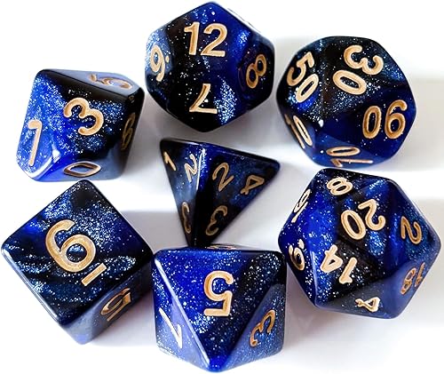 Dados DND Galaxy de 7 piezas, con purpurina cósmica azul y negro mixto, dados DND poliédricos para juegos de mesa RPG MTG