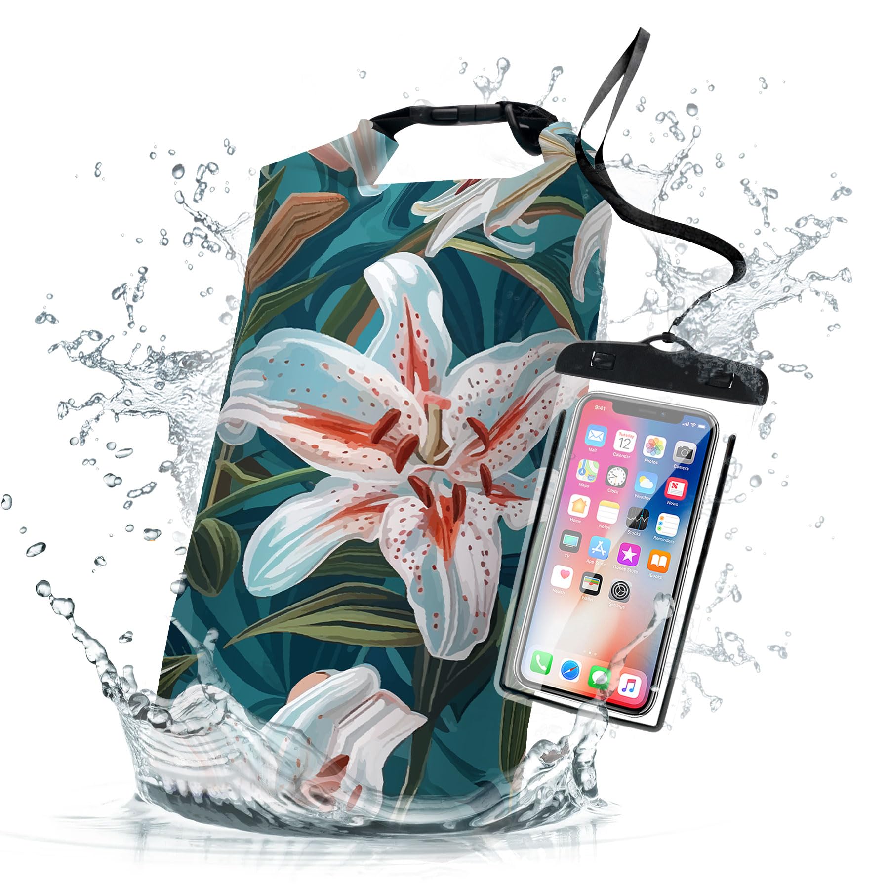 Bolsa seca impermeable, mochila impermeable con diseño de lirio de flores de 5 L/10 L/20 L, bolsas flotantes y ligeras para kayak, canotaje, pesca, natación y campamento con funda impermeable