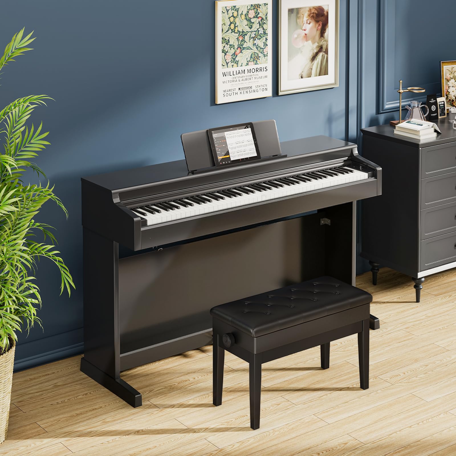 Clevich Sgabello per pianoforte, regolabile in altezza, 48 – 58 cm, con vano portaoggetti, panca per pianoforte con cuscino in pelle PU, sedia per pianoforte, resistente, portata fino a 200 kg, nero
