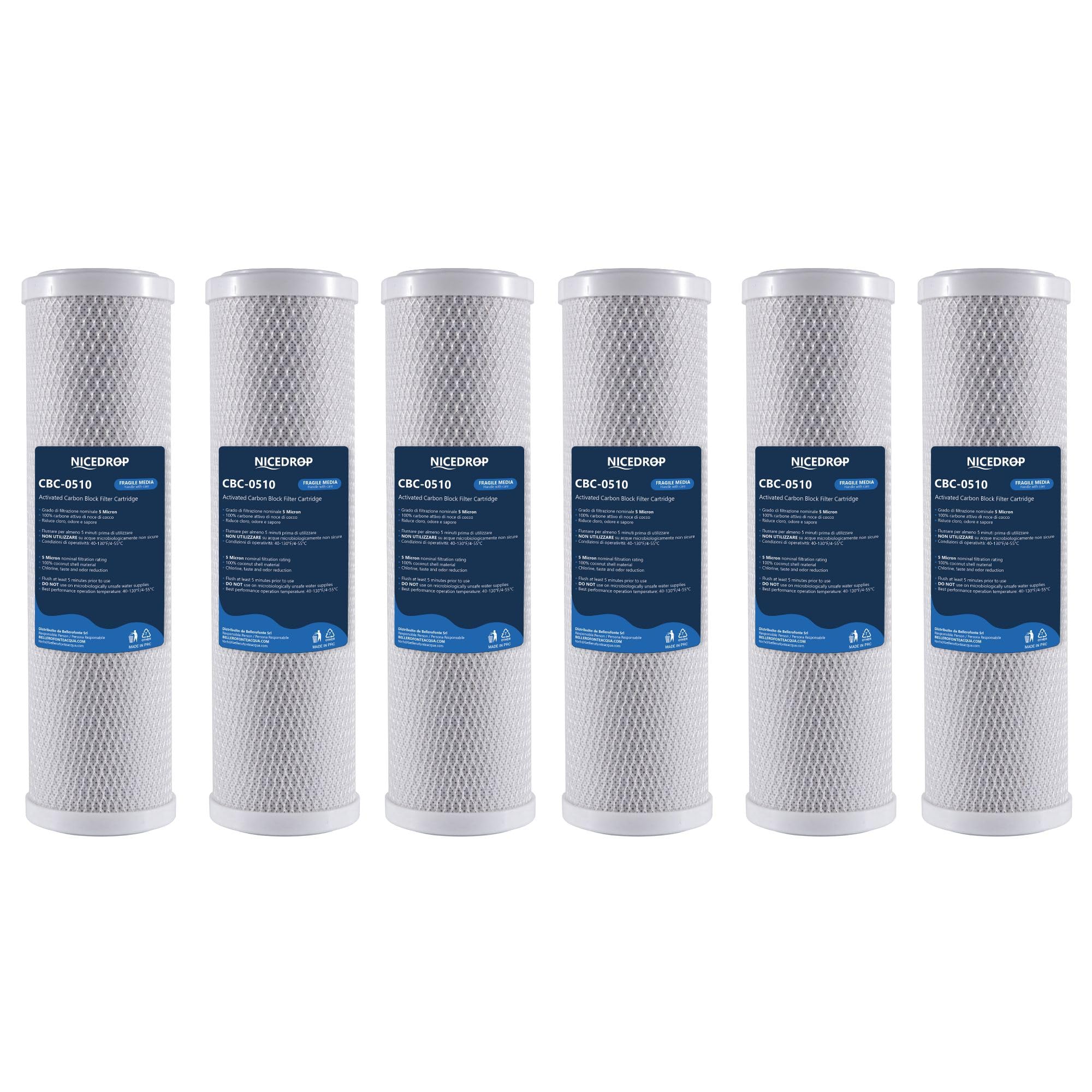 Carbon Block CTO 10" 5 Micron Filtro Acqua per Sistemi ad Osmosi Inversa - Carbone Attivo - Rimuove Sostanze Organiche - Sedimenti - Metalli - Pesticidi - Inquinanti - Cloro (6 Pezzi)