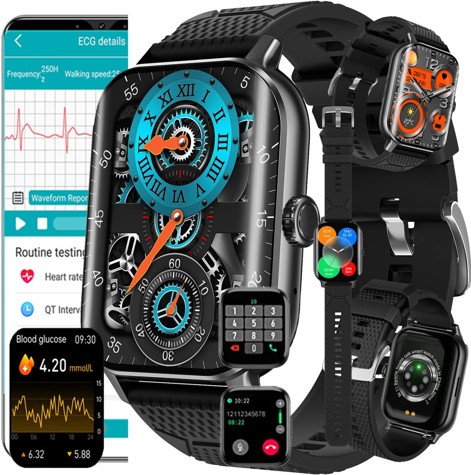 Smart Watch Blood Sugar Glucose,diabetic Smart Watch with Blood Blood Glucometer Blood Pressure Heart Rate Blood Oxygen Sleep Monitor,Step Counter Activity Trackers Sports Watch,Black