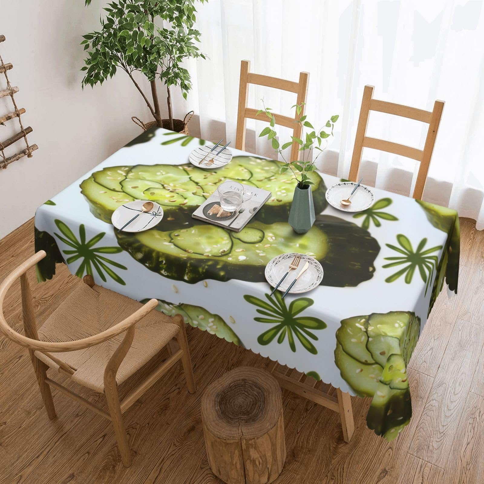 WPKJU Sushi Dill Pickles Printed Rectangle Tablecloth 72x54 Inch with Lace Trim, Water-Resistant Washable Table Cover for Farmhouse Weddings, Outdoor Picnics & Holiday Dining